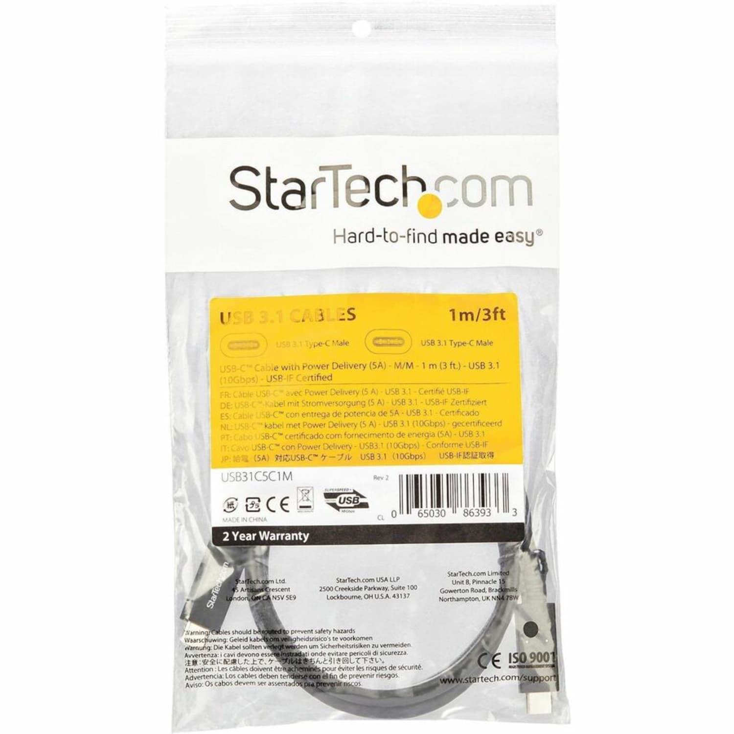 StarTech.com 1m 3 ft USB C Cable with Power Delivery (5A) - M/M - USB 3.1 (10Gbps) - USB-IF Certified - USB31C5C1M - Image 6