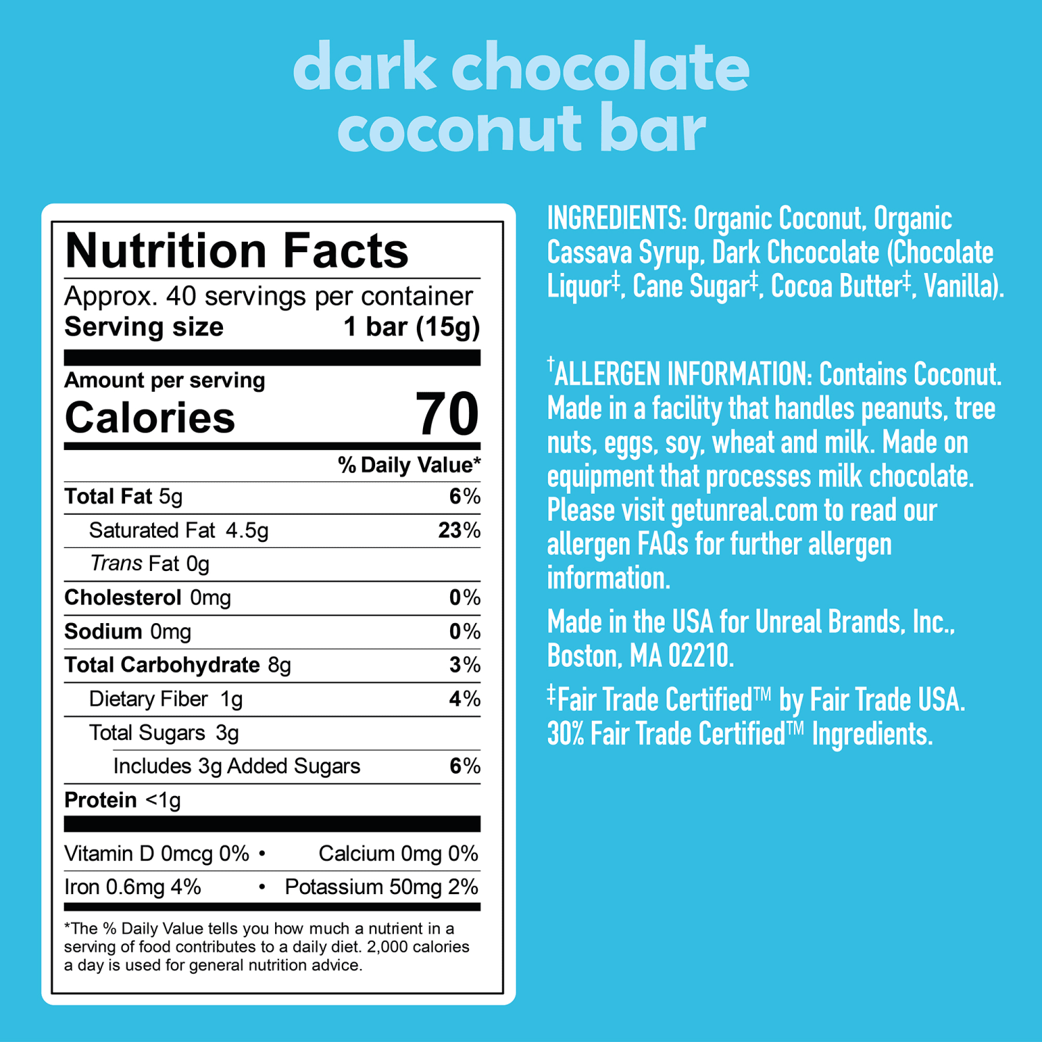 Unreal Dark Chocolate Coconut Bars, 0.53 Oz, Pack Of 40 Bars - Image 4