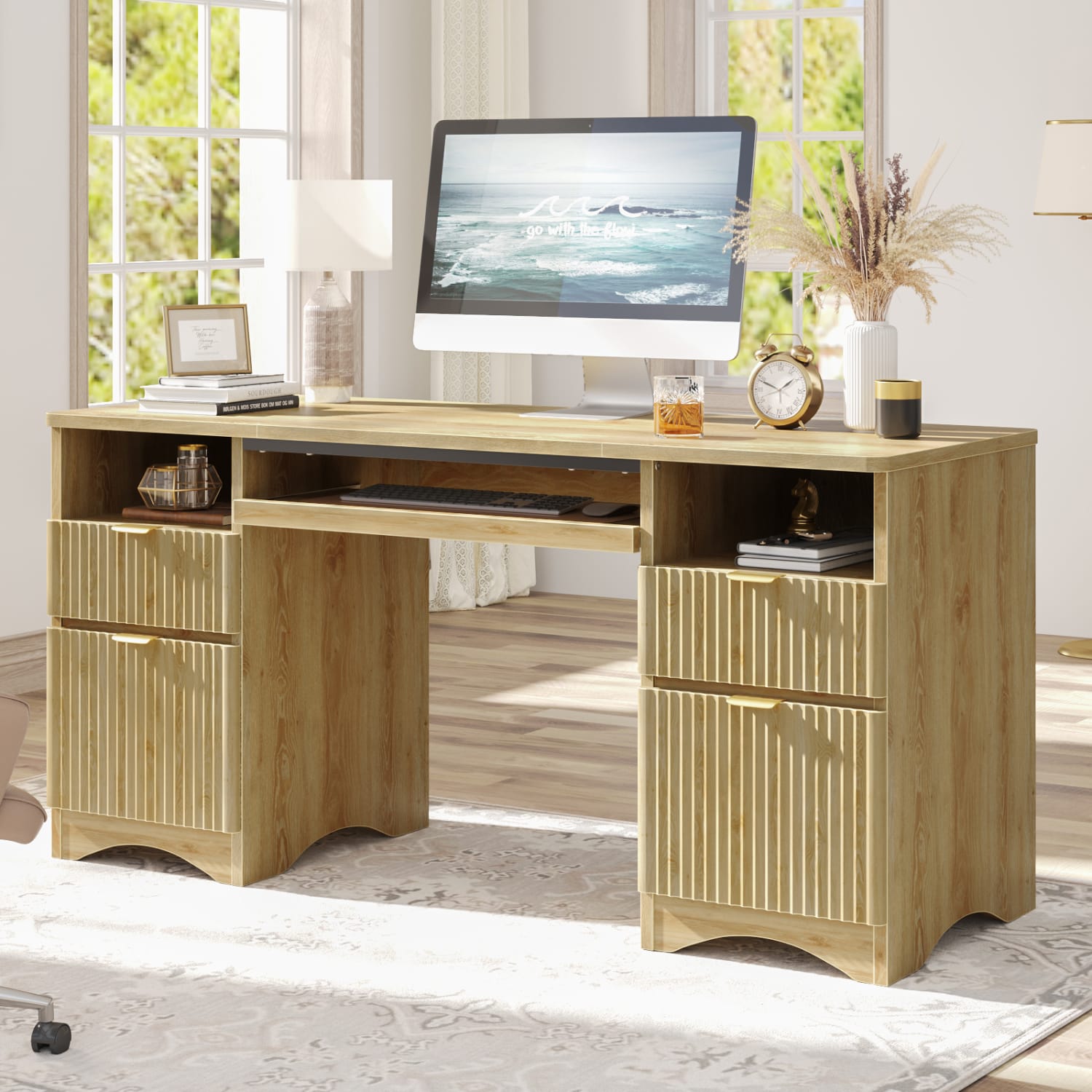 Bestier 60inW Executive Computer Desk With Keyboard Tray And 4 Storage Drawers, Natural - Image 3