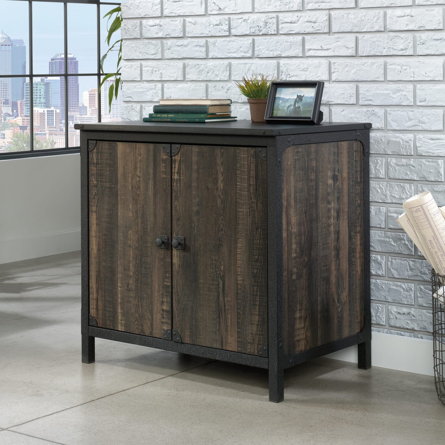 Sauder Foundry Road 29-1/2inH 2-Shelf Commercial Library Base Utility Cabinet With Doors, Carbon Oak - Image 4