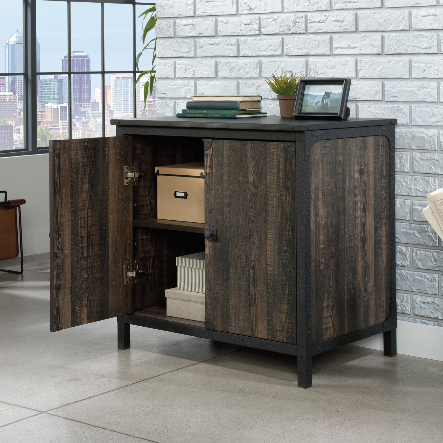 Sauder Foundry Road 29-1/2inH 2-Shelf Commercial Library Base Utility Cabinet With Doors, Carbon Oak - Image 5