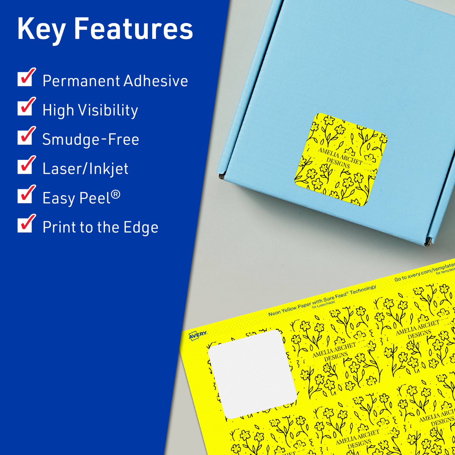 Avery Print-To-The-Edge Labels With Sure Feed Technology And Easy Peel, 94105-NYP40, Square, 2-1/8in x 2-1/8in, Matte Neon Yellow, Pack of 480 - Image 3