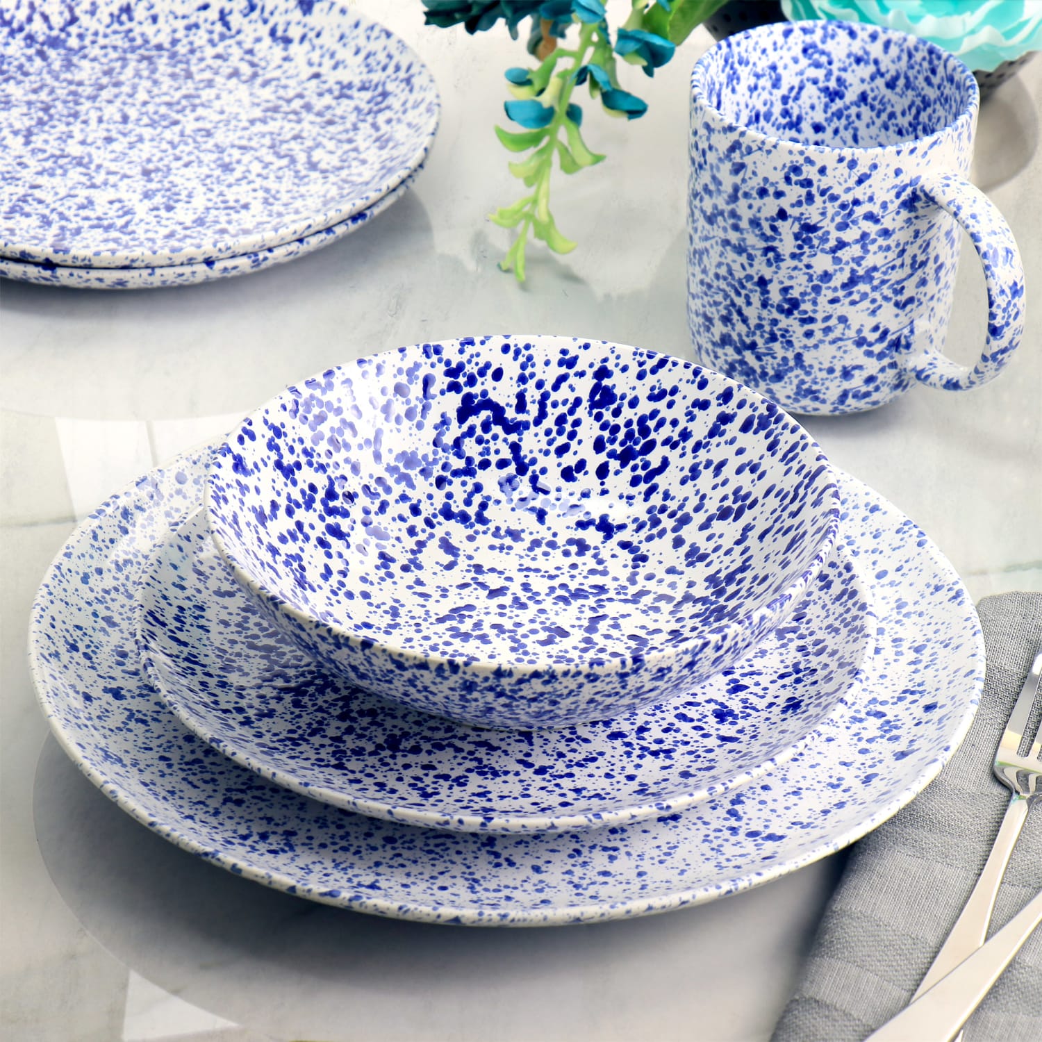 Martha Stewart 16-Piece Stoneware Dinnerware Set, Speckled Blue - Image 4