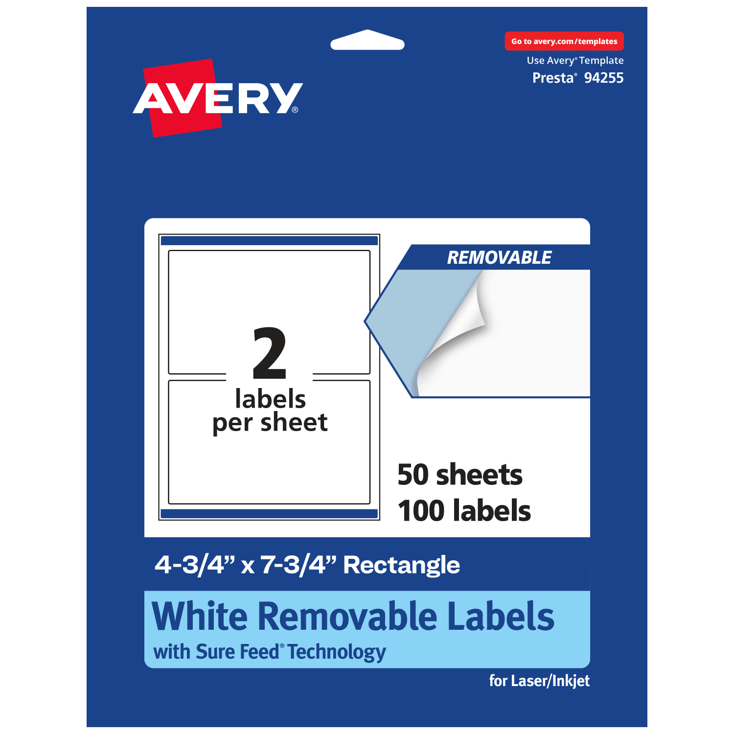Avery Removable Labels With Sure Feed, 94255-RMP50, Rectangle, 4-3/4in x 7-3/4in, White, Pack Of 100 Labels