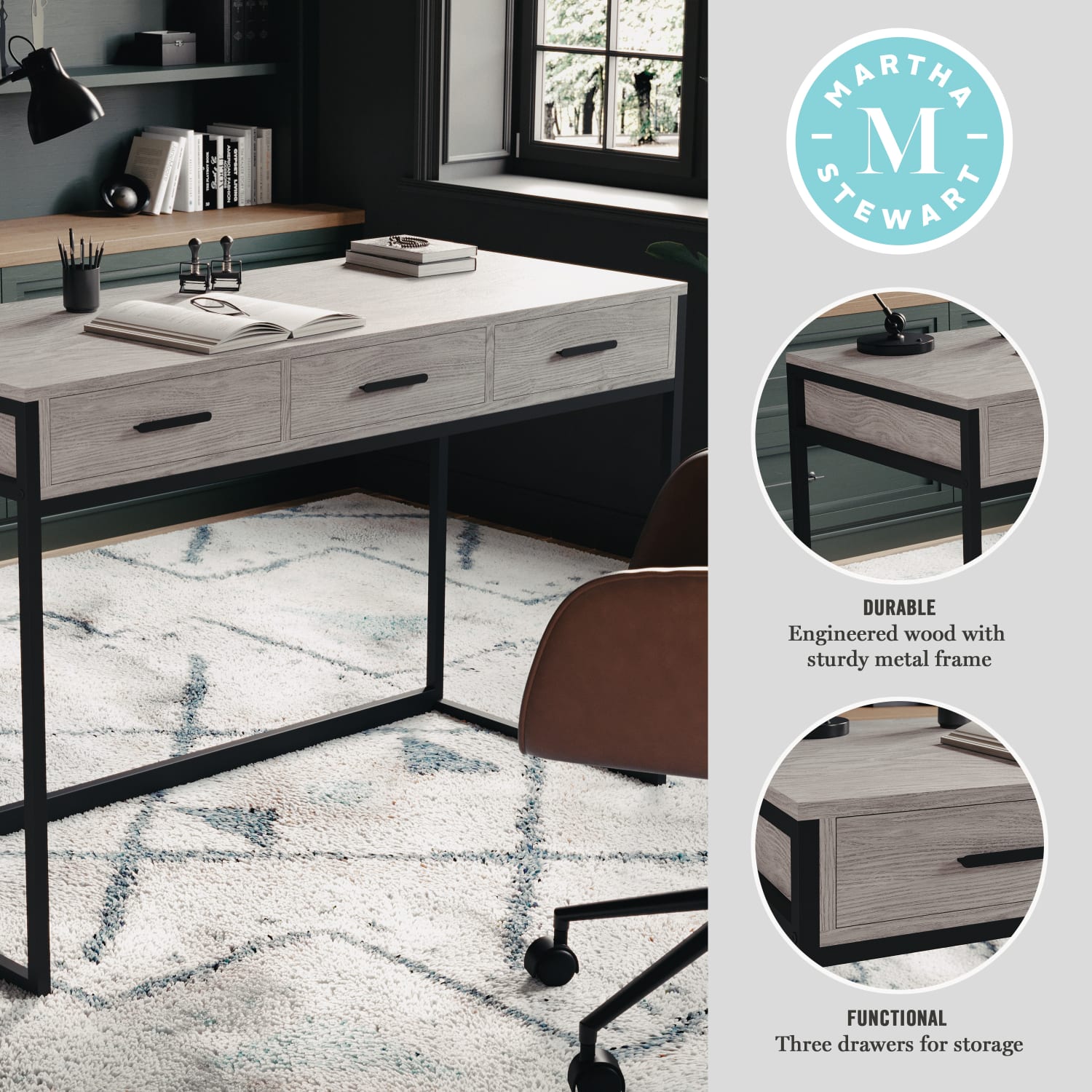 Martha Stewart Ollie Home 47-1/4inW Office Computer Desk With 3 Drawers, Gray/Oil Rubbed Bronze - Image 4