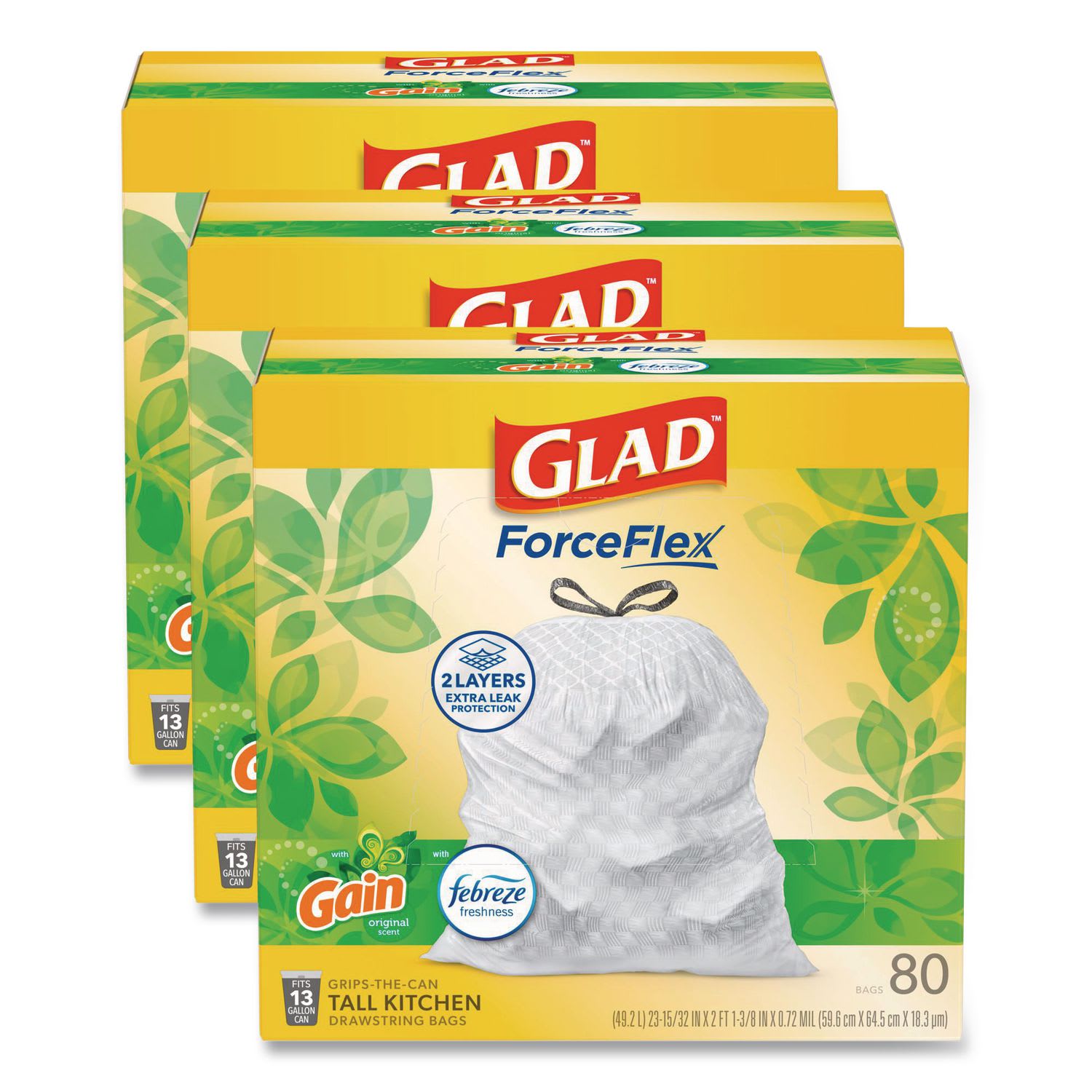 Glad OdorShield 13-gallon Gain Scent Trash Bags - 13 gal Capacity - 23.75in Width x 25.38in Length - 0.72 mil (18 Micron) Thickness - Drawstring Closure - White - 1/Box - 80 Per Box - Home, Office