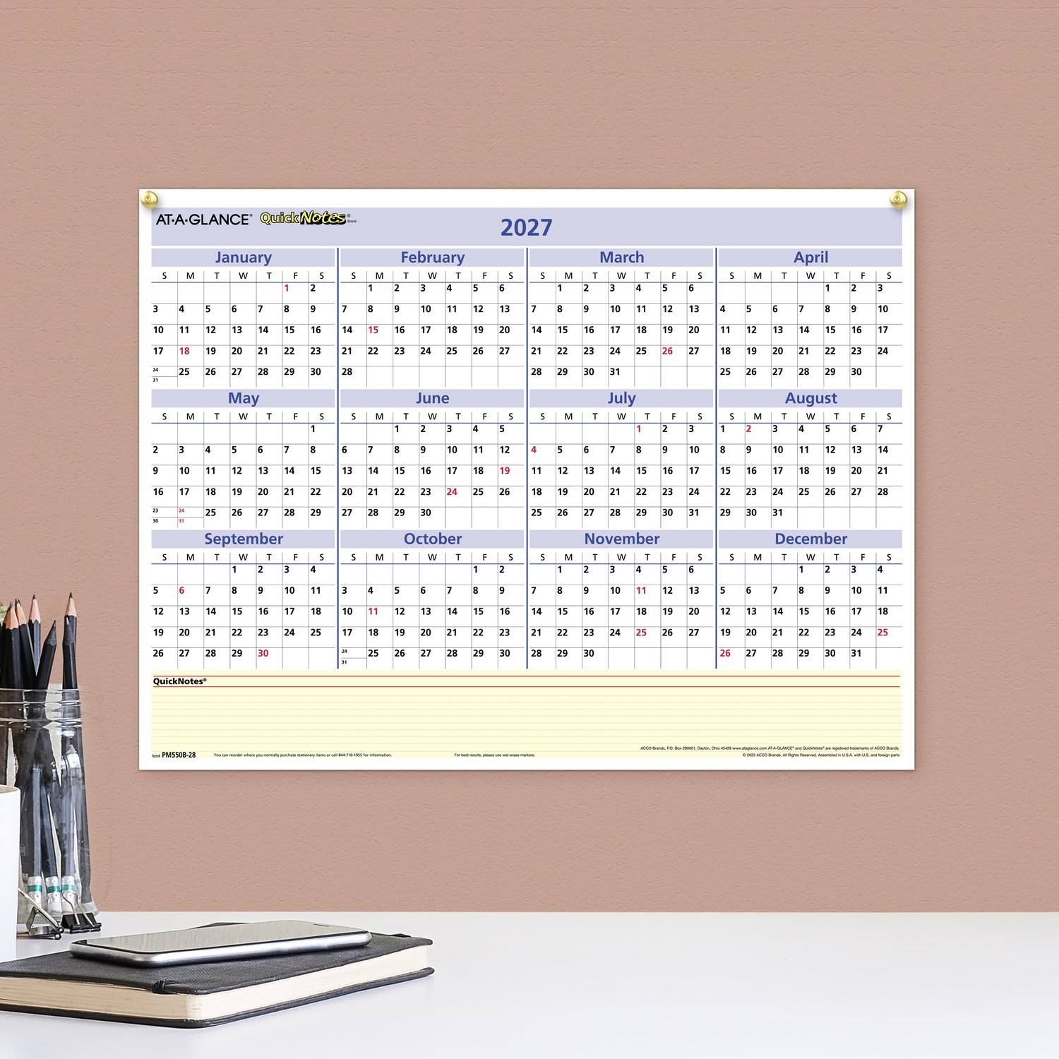 AT-A-GLANCE QuickNotes 2027 Reversible Erasable Monthly Yearly Wall Calendar, Small, 16in x 12in - Image 4