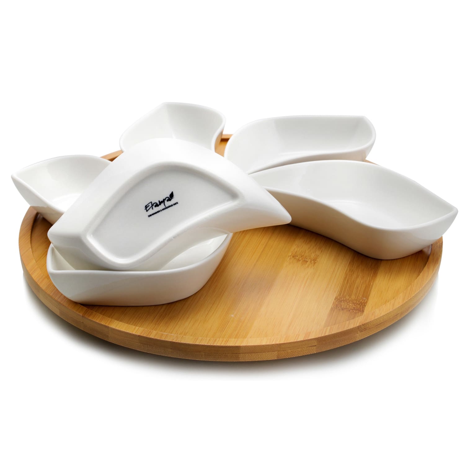 Elama Signature Modern 7-Piece Lazy Susan Server Set, 13-1/2in, White/Bamboo - Image 3