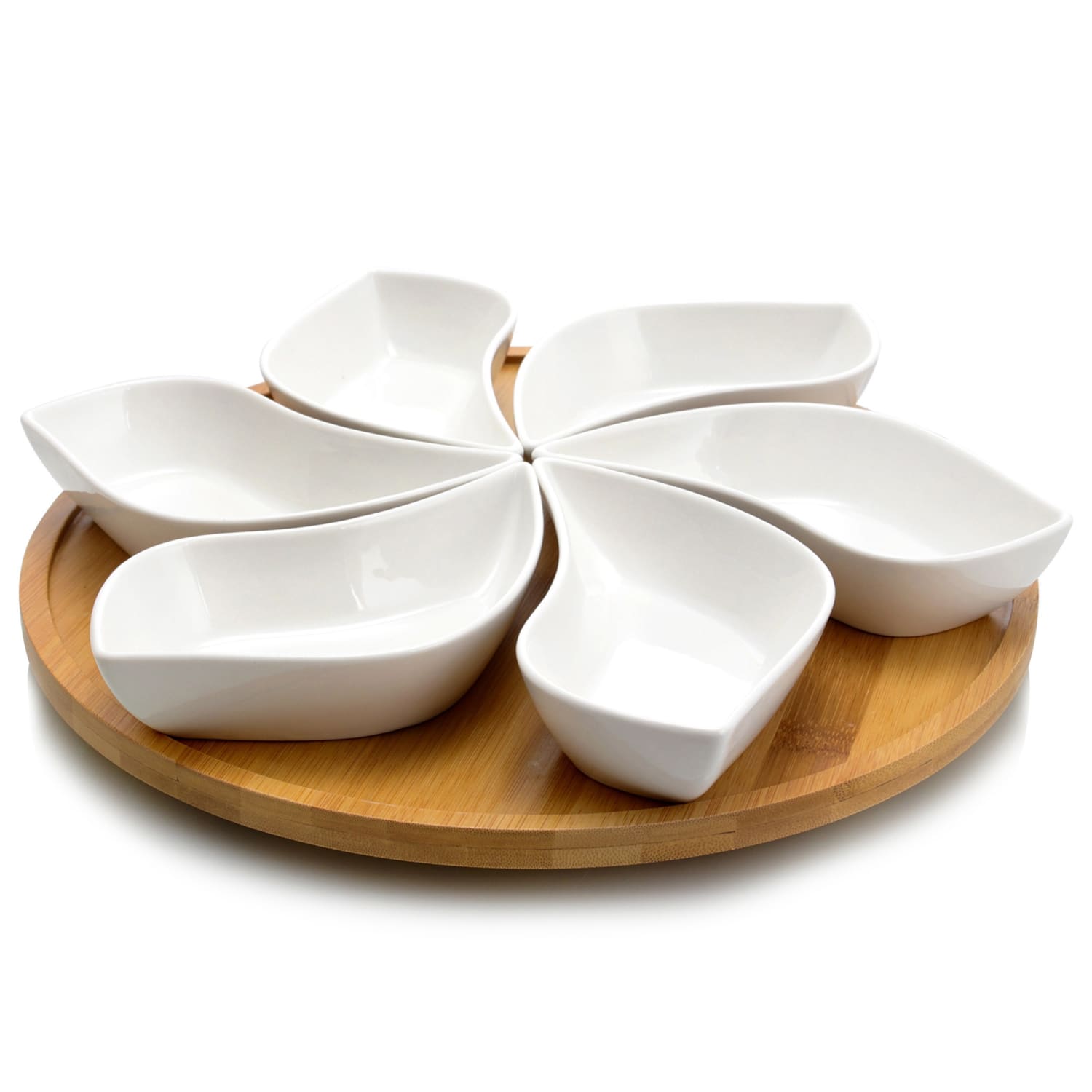 Elama Signature Modern 7-Piece Lazy Susan Server Set, 13-1/2in, White/Bamboo - Image 4