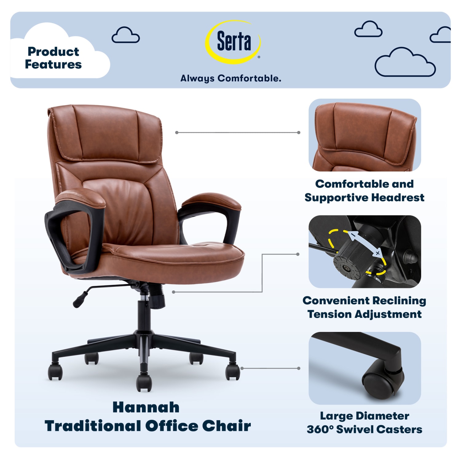 Serta Hannah I - Chair - executive - armrests - ring-shaped - tilt - swivel - bonded leather - cognac - Image 4