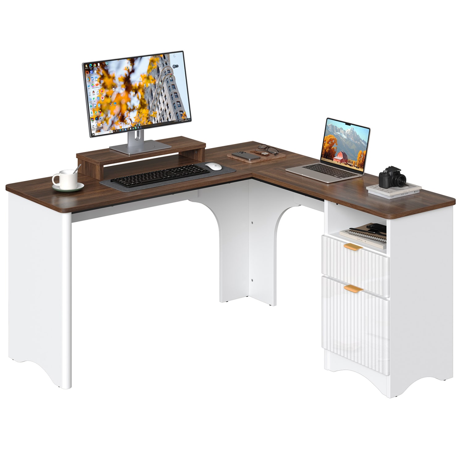 Bestier 56inW Modern L-Shaped Corner Computer Desk With Filing Drawer, White/Walnut