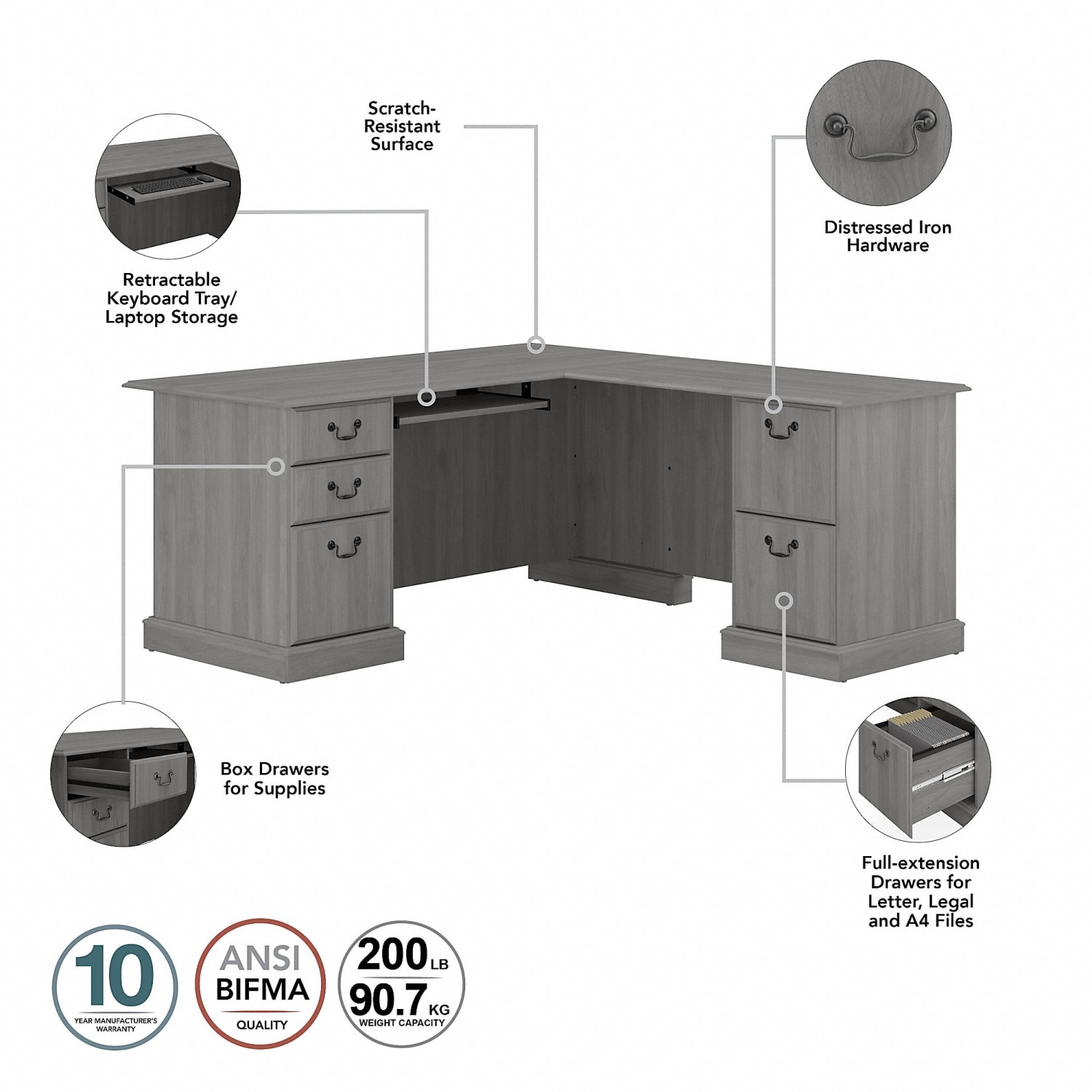 Bush Business Furniture Saratoga 66inW L-Shaped Corner Desk With File Cabinet And Bookcase Set, Modern Gray, Standard Delivery - Image 4