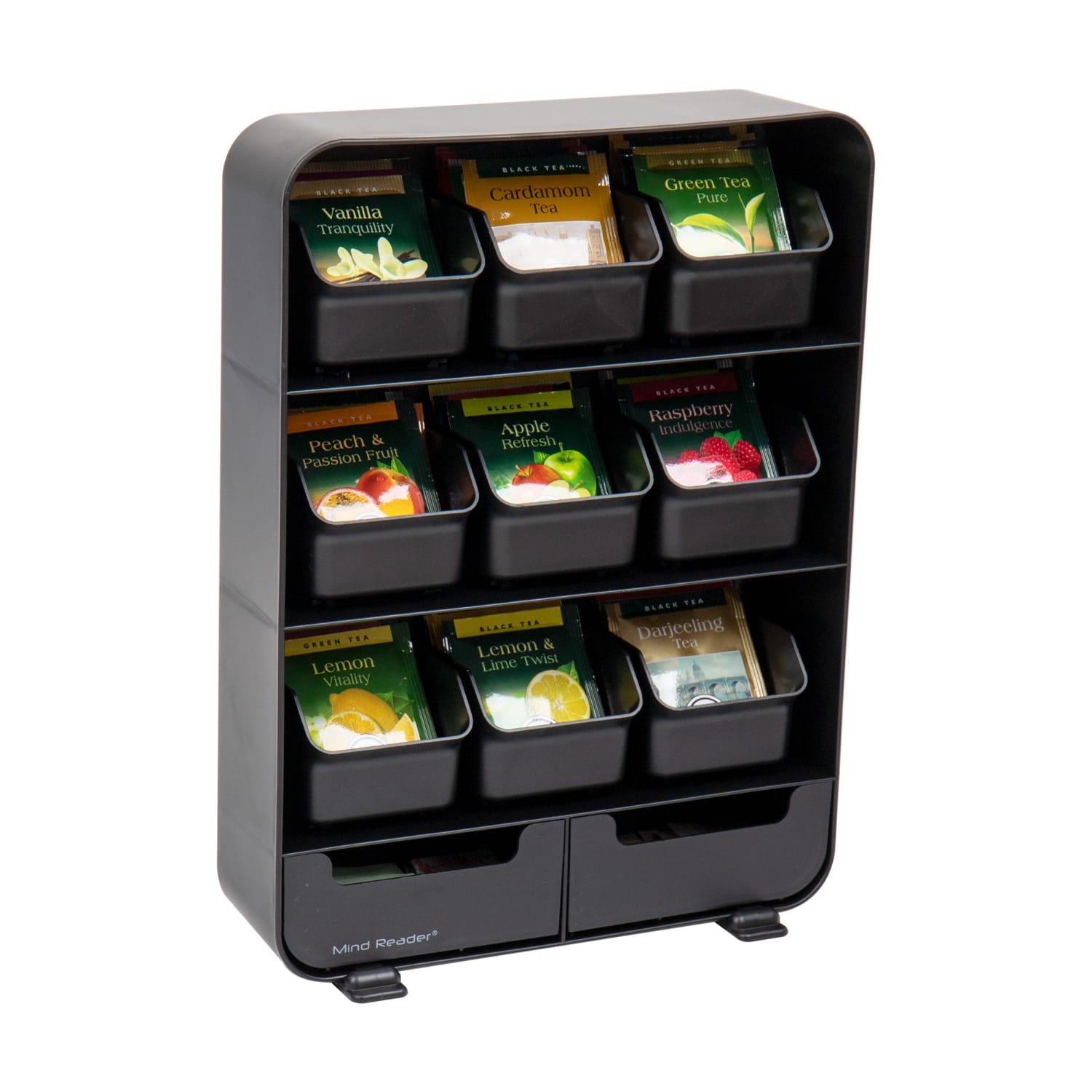 Mind Reader 11 Removable Drawer Tea Bag Organizer, 13-3/4inH x 3-1/4inW x 10-1/4inL, Black