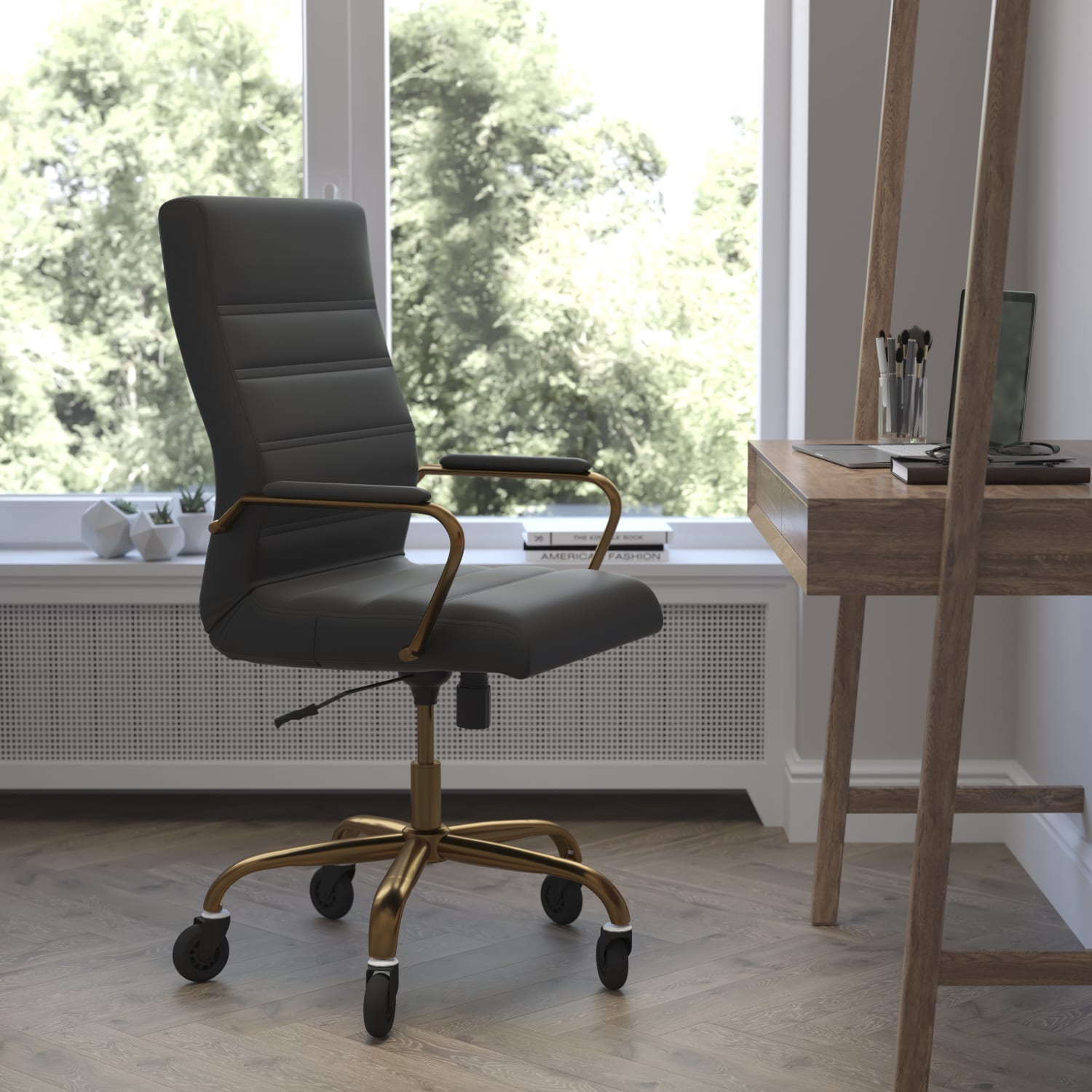 Flash Furniture Whitney Ergonomic Faux Leather High-Back Executive Swivel Office Chair, Black/Gold