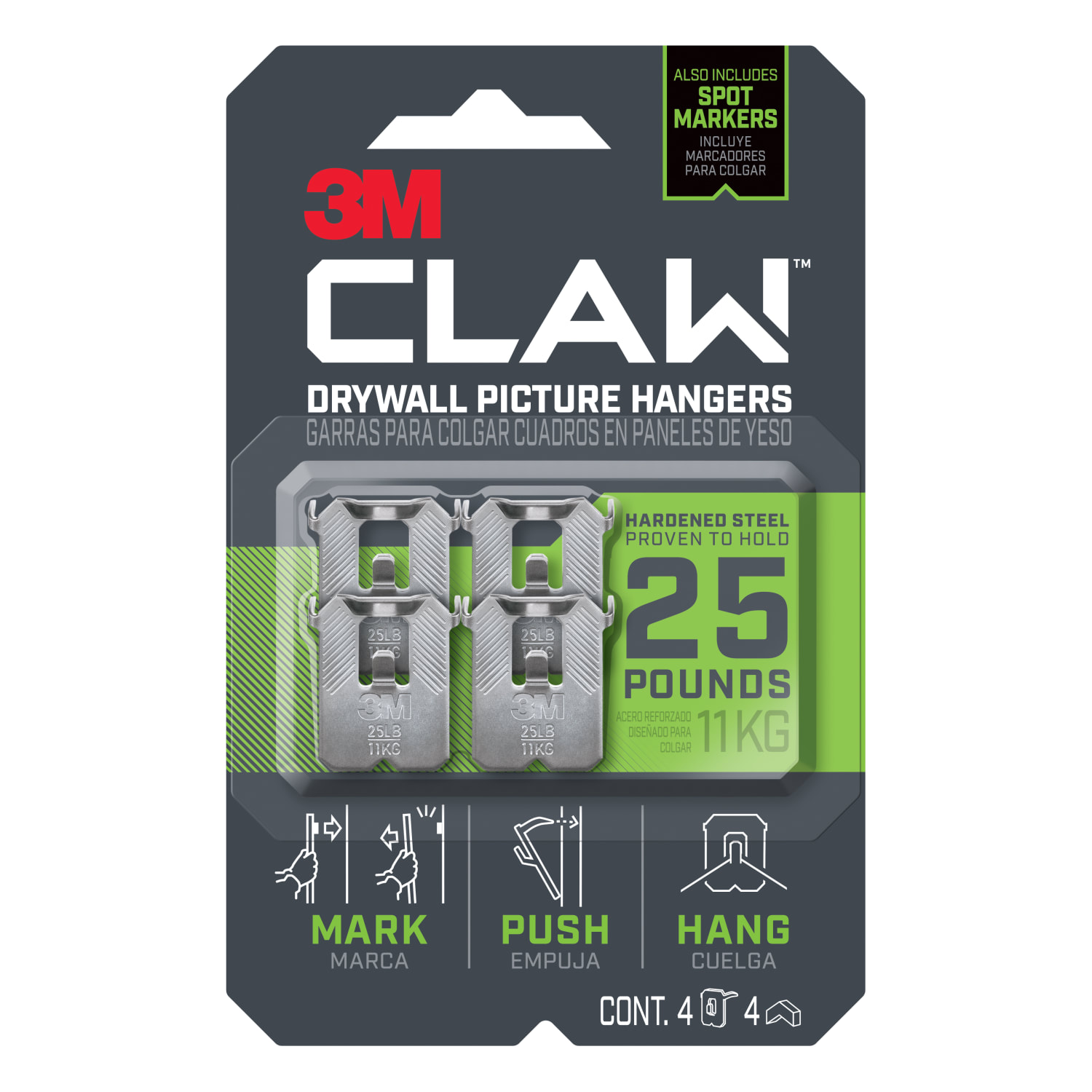 3M CLAW 25 lb. Drywall Picture Hanger with Spot Marker, Gray, 4 Hangers, 4 Spot Markers