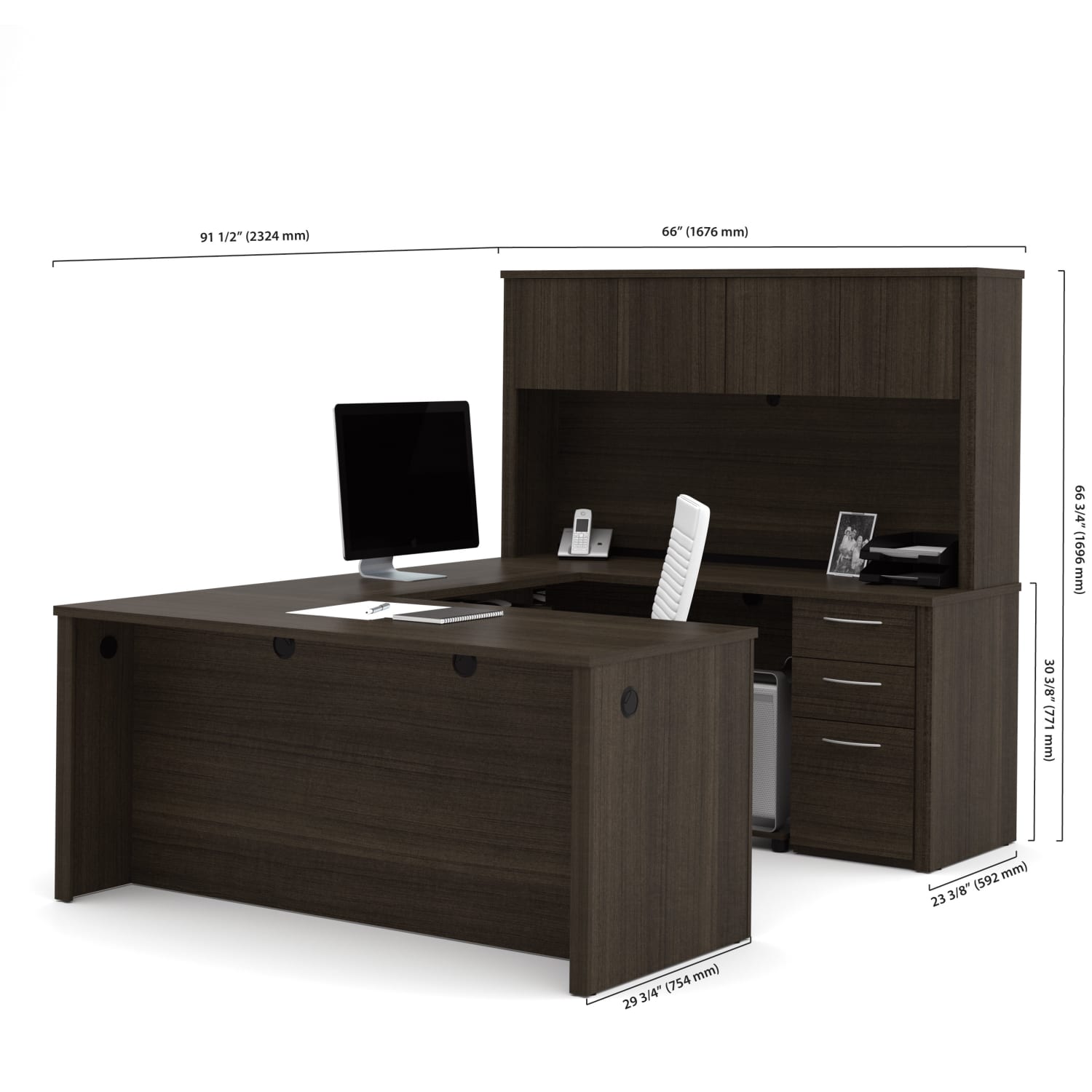 Bestar Embassy 66inW U-Shaped Executive Computer Desk With Pedestal And Hutch, Dark Chocolate - Image 5