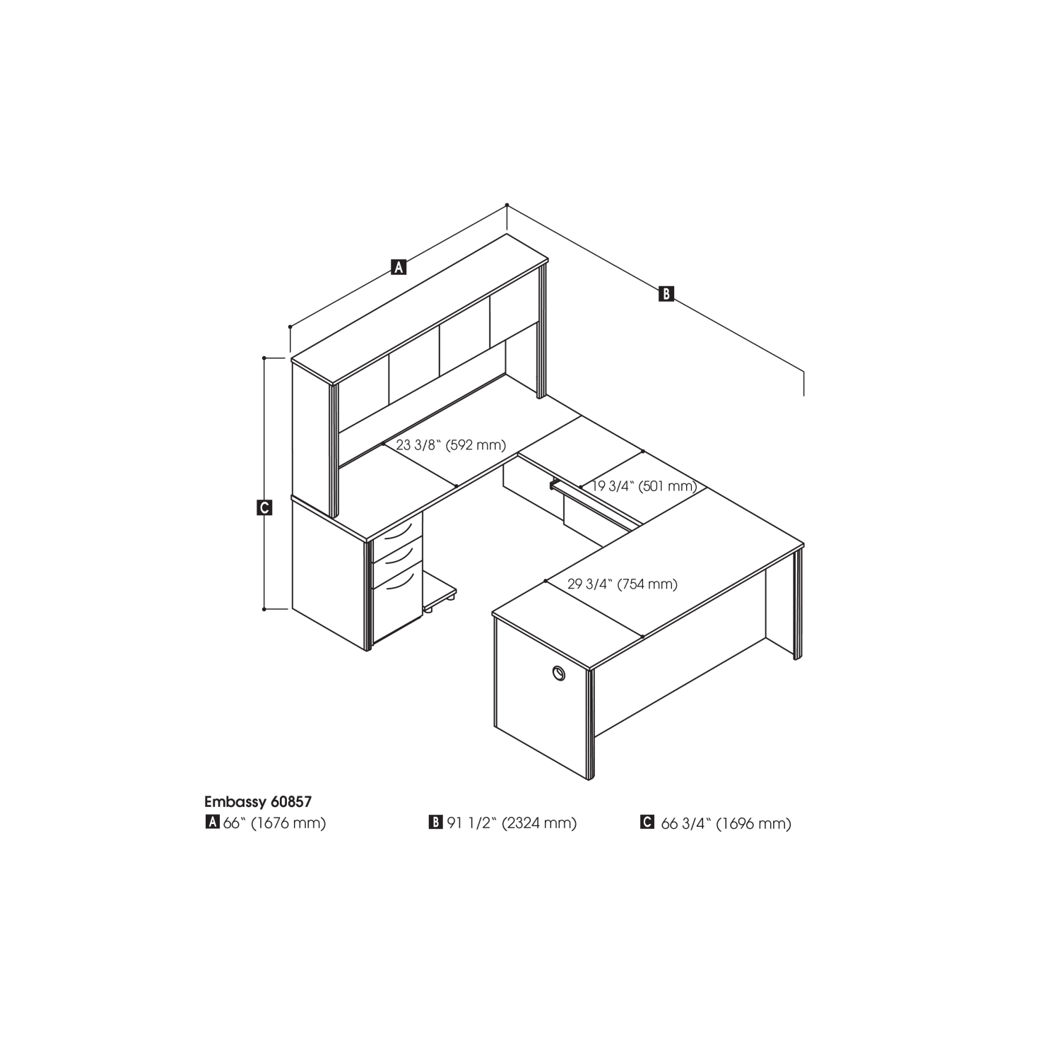 Bestar Embassy 66inW U-Shaped Executive Computer Desk With Pedestal And Hutch, Dark Chocolate - Image 6