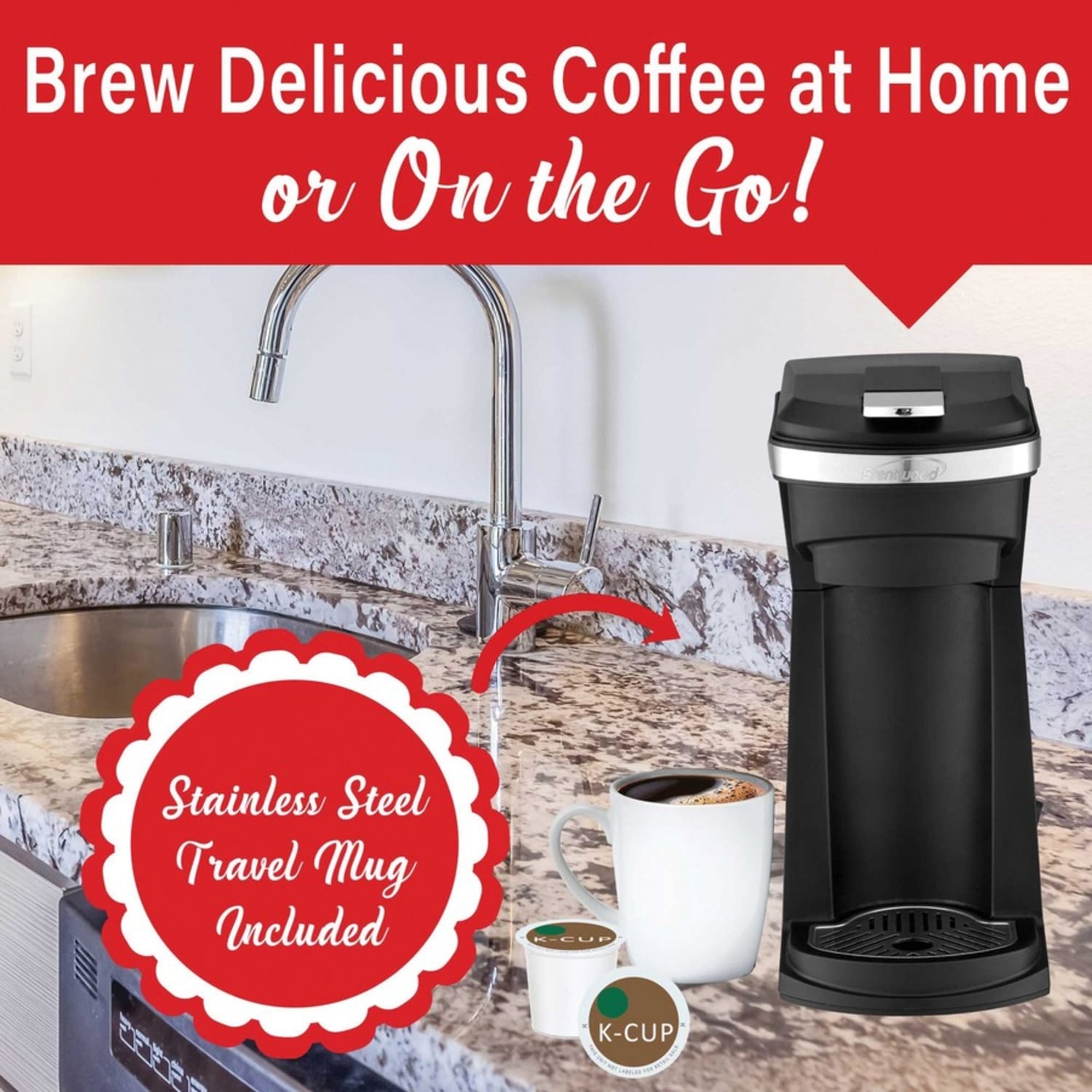 Brentwood 800-Watt 1.75-Cup Single-Serve Coffee Maker With Reusable Filter Basket For K-Cups And Ground Coffee, Black - Image 3