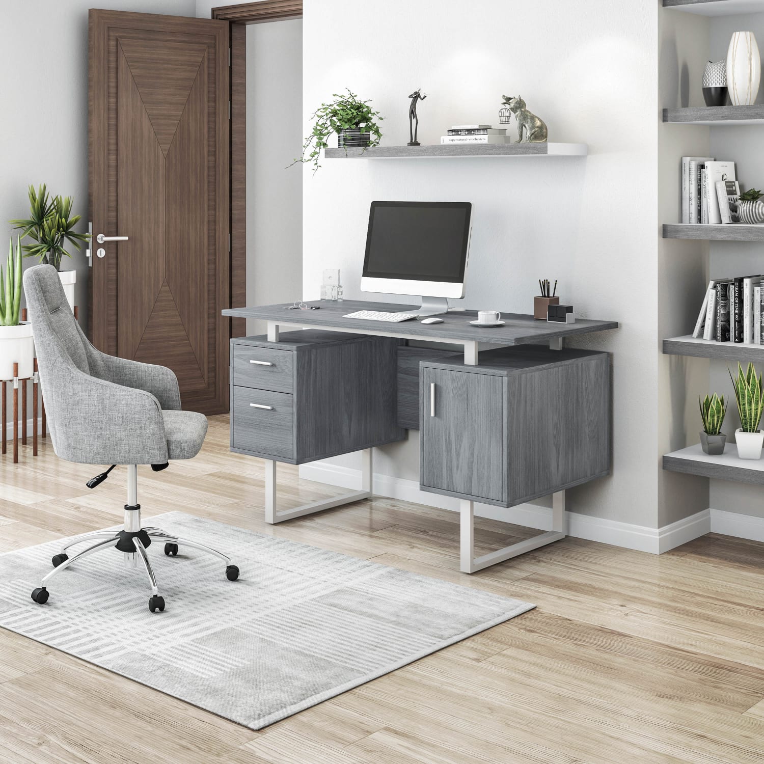 Techni Mobili 52inW Modern Computer Desk With Storage, Gray - Image 3