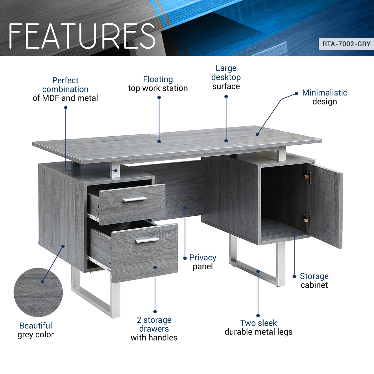 Techni Mobili 52inW Modern Computer Desk With Storage, Gray - Image 4