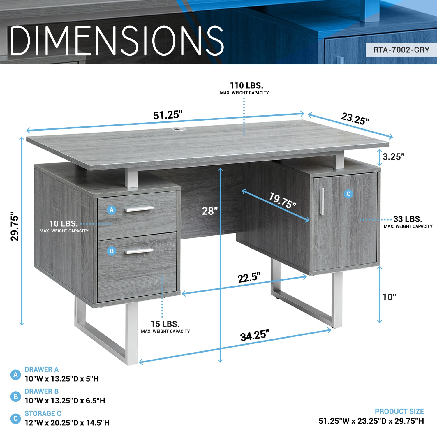 Techni Mobili 52inW Modern Computer Desk With Storage, Gray - Image 5