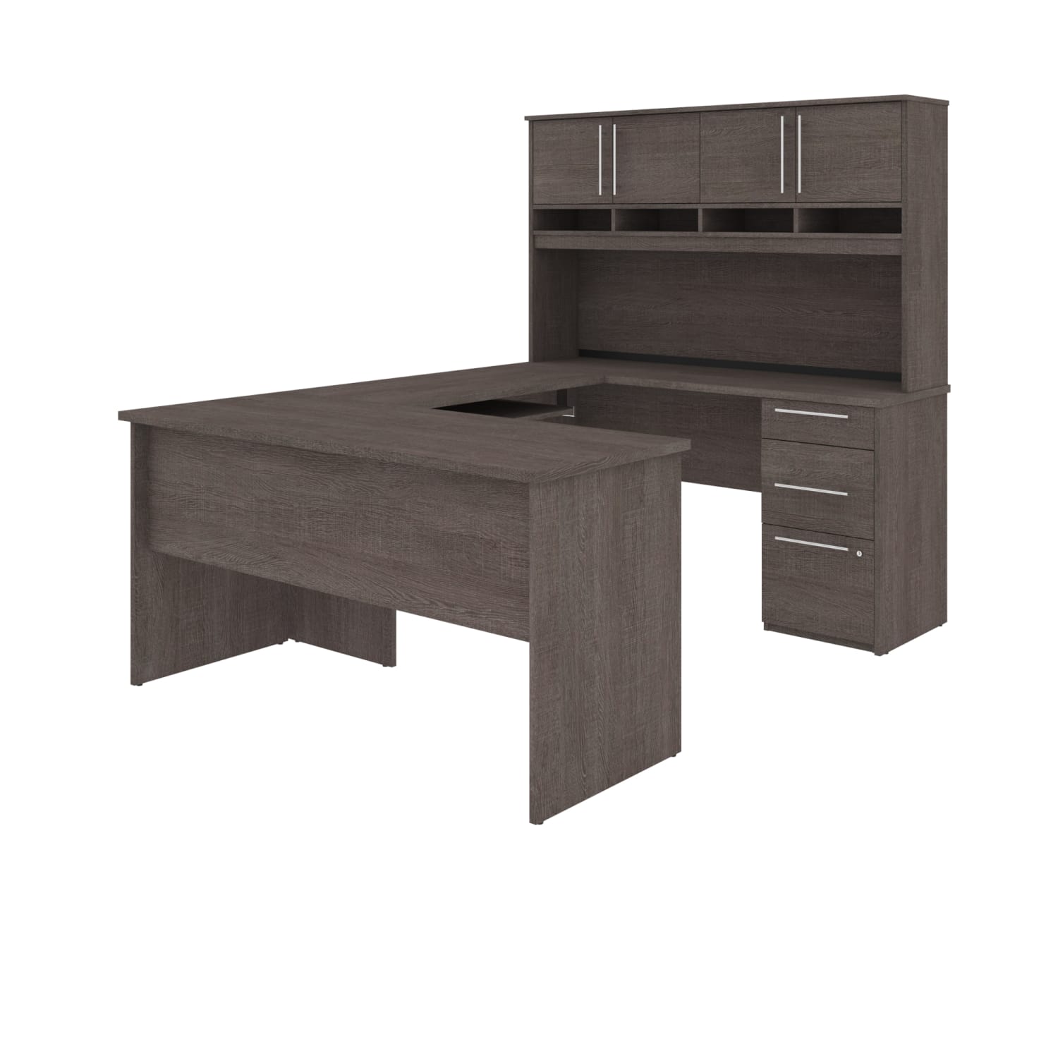 Bestar Innova 83inW U- Or L-Shaped Corner Desk With Hutch, Bark Gray - Image 3