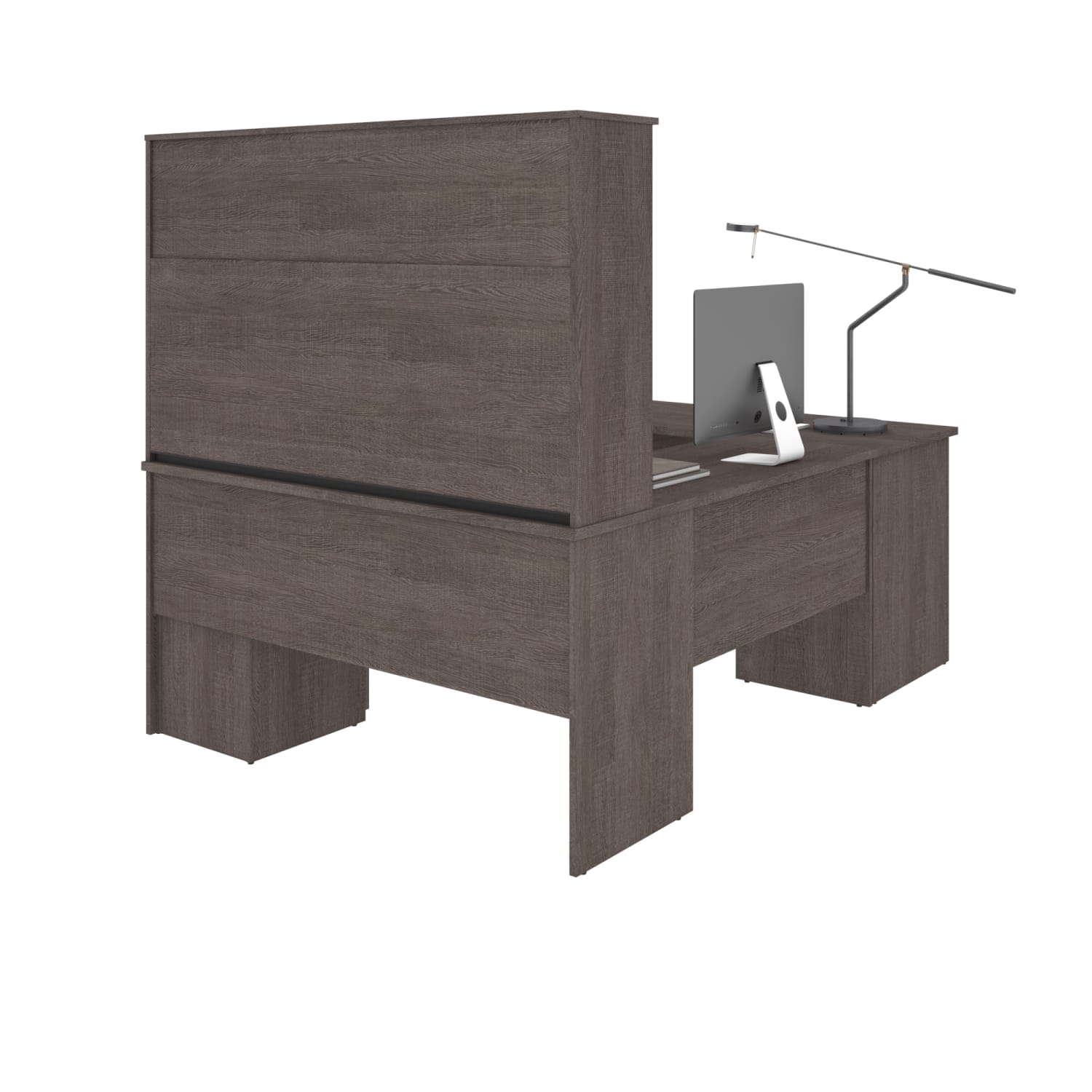 Bestar Innova 83inW U- Or L-Shaped Corner Desk With Hutch, Bark Gray - Image 4