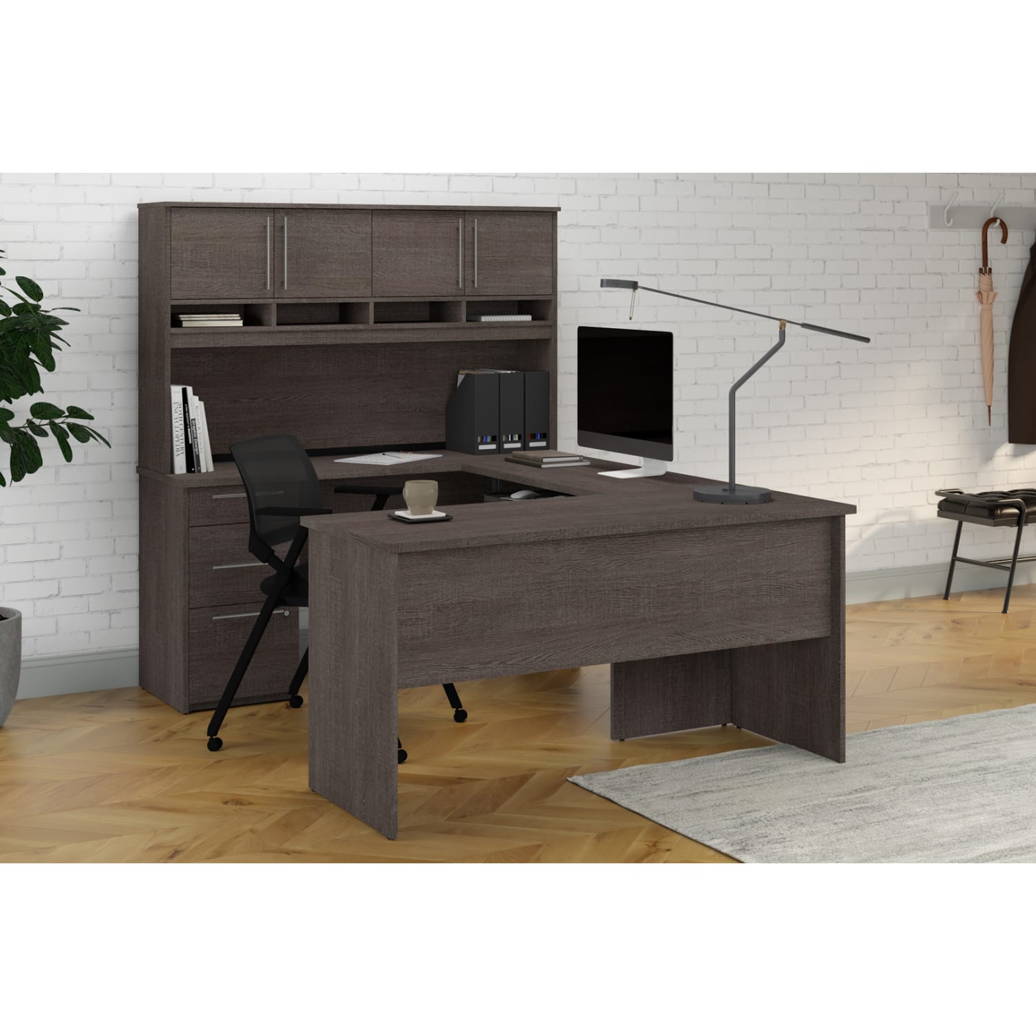 Bestar Innova 83inW U- Or L-Shaped Corner Desk With Hutch, Bark Gray - Image 5