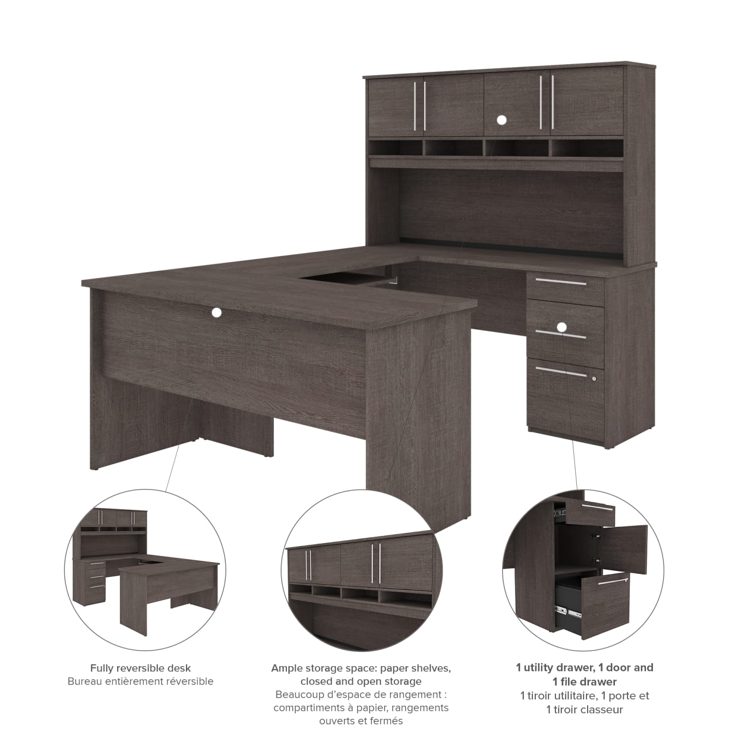Bestar Innova 83inW U- Or L-Shaped Corner Desk With Hutch, Bark Gray - Image 6