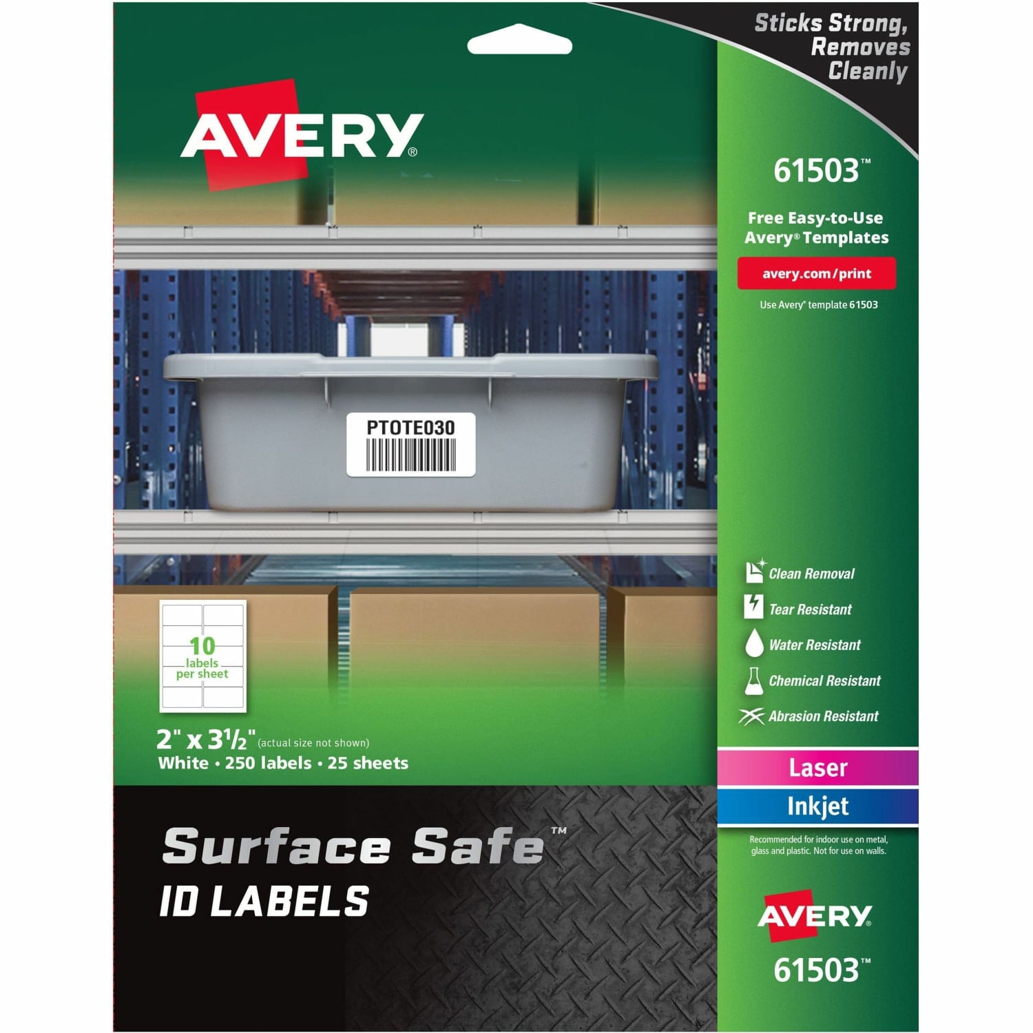 Avery Surface Safe ID Labels - Removable Adhesive - 2inx 3 1/2in - Rectangle - Laser, Inkjet - White - 61503