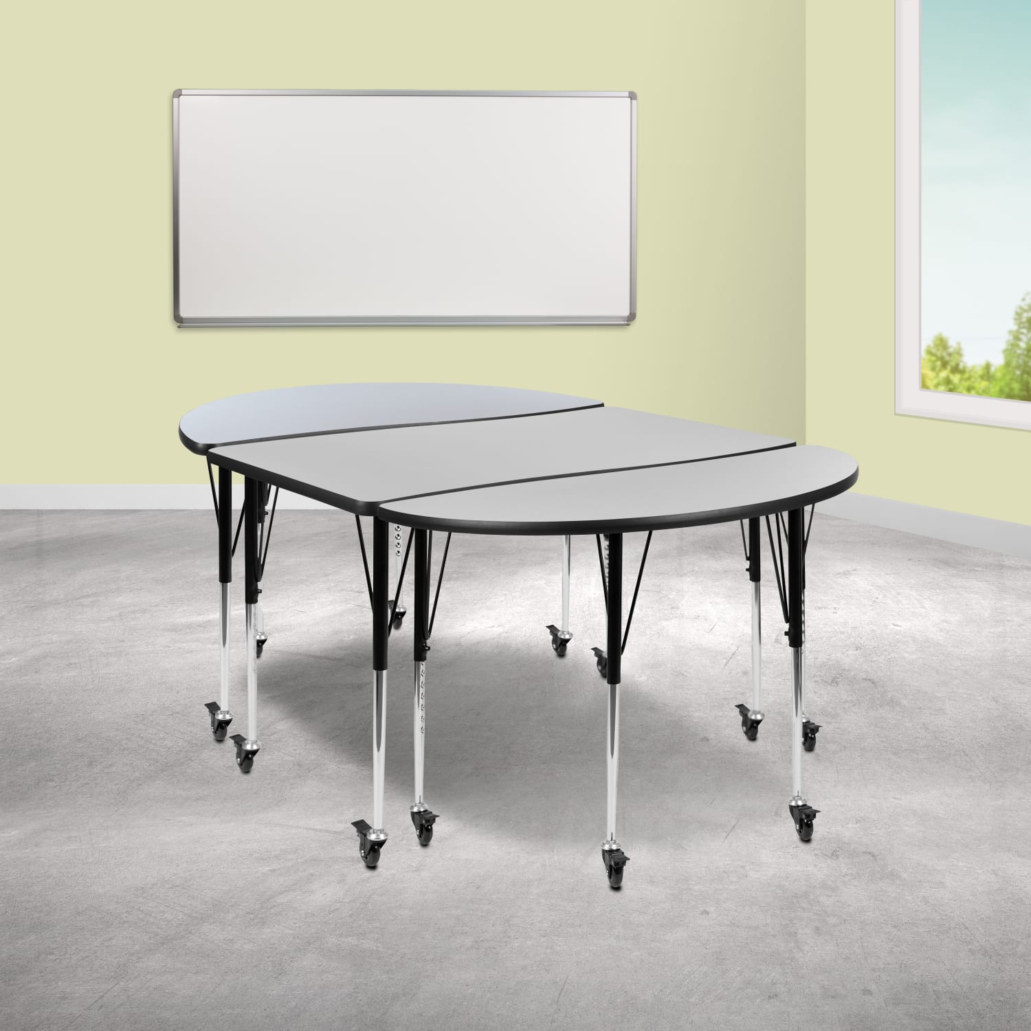 Flash Furniture Mobile Oval Wave Flexible Thermal Laminate 3-Piece Activity Table Set With Standard Adjustable Legs, 30inH x 47-1/2inW x 76inD, Gray