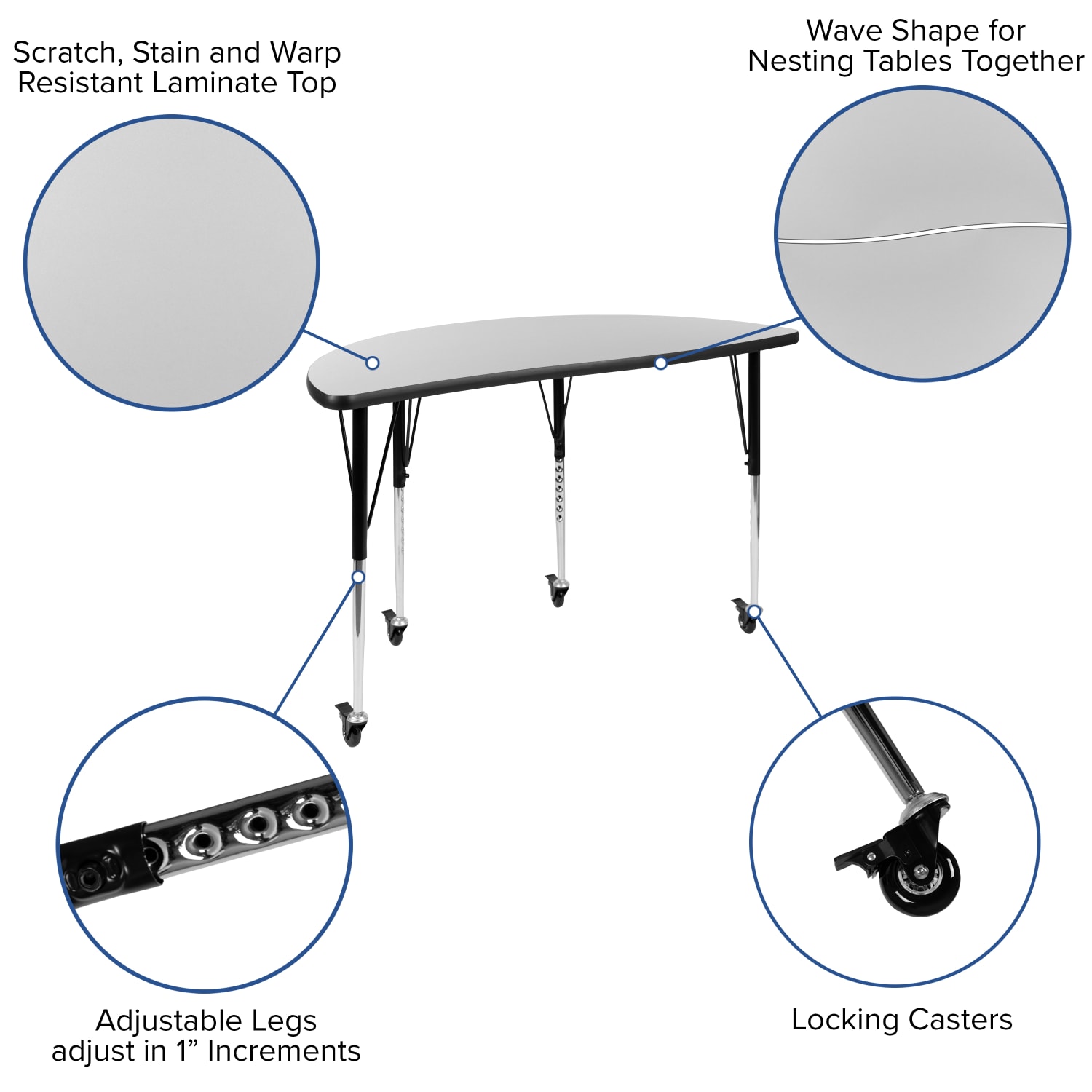 Flash Furniture Mobile Oval Wave Flexible Thermal Laminate 3-Piece Activity Table Set With Standard Adjustable Legs, 30inH x 47-1/2inW x 76inD, Gray - Image 5