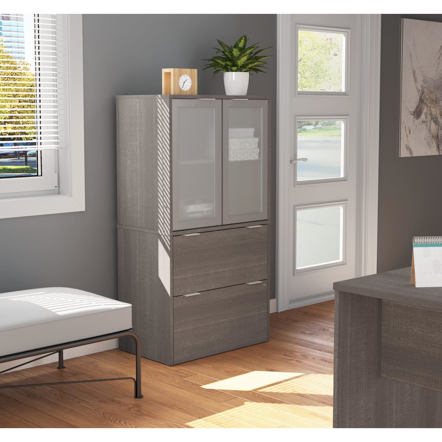 Bestar i3 Plus 30-1/8inW x 18-1/4inD 1-Drawer Lateral File Cabinet With Frosted Glass Door Hutch, Bark Gray - Image 3