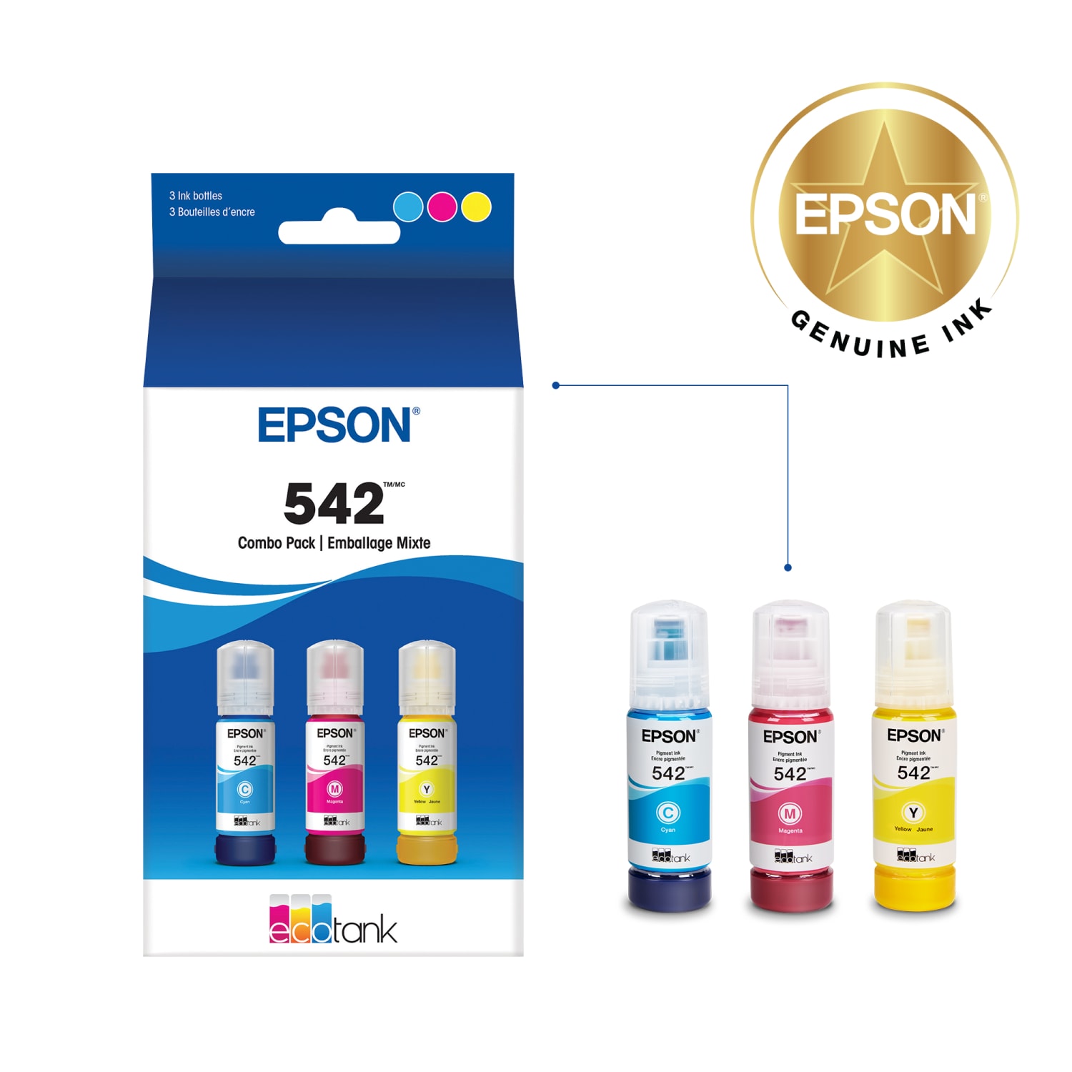 Epson 542 EcoTank Cyan, Magenta, Yellow Ink Refill Bottles, Pack Of 3, T542520-S - Image 3