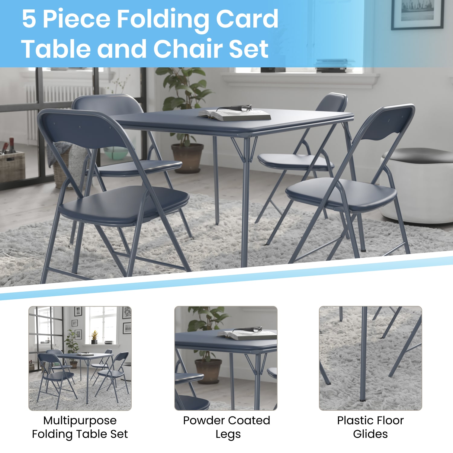 Flash Furniture 5-Piece Folding Card Table And Chair Set, 27-3/4inH x 33-1/2inW x 33-1/2inD, Navy - Image 6