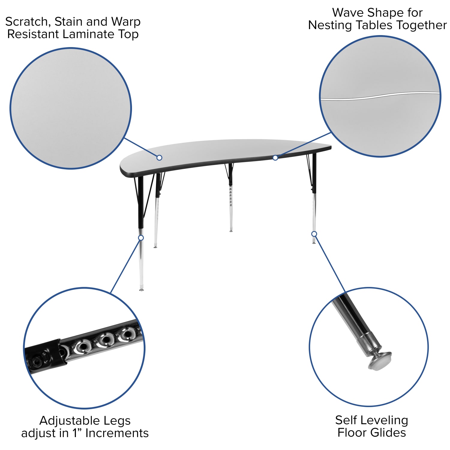 Flash Furniture Oval Wave Flexible Thermal Laminate 3-Piece Activity Table Set With Standard Height-Adjustable Legs, Gray - Image 5