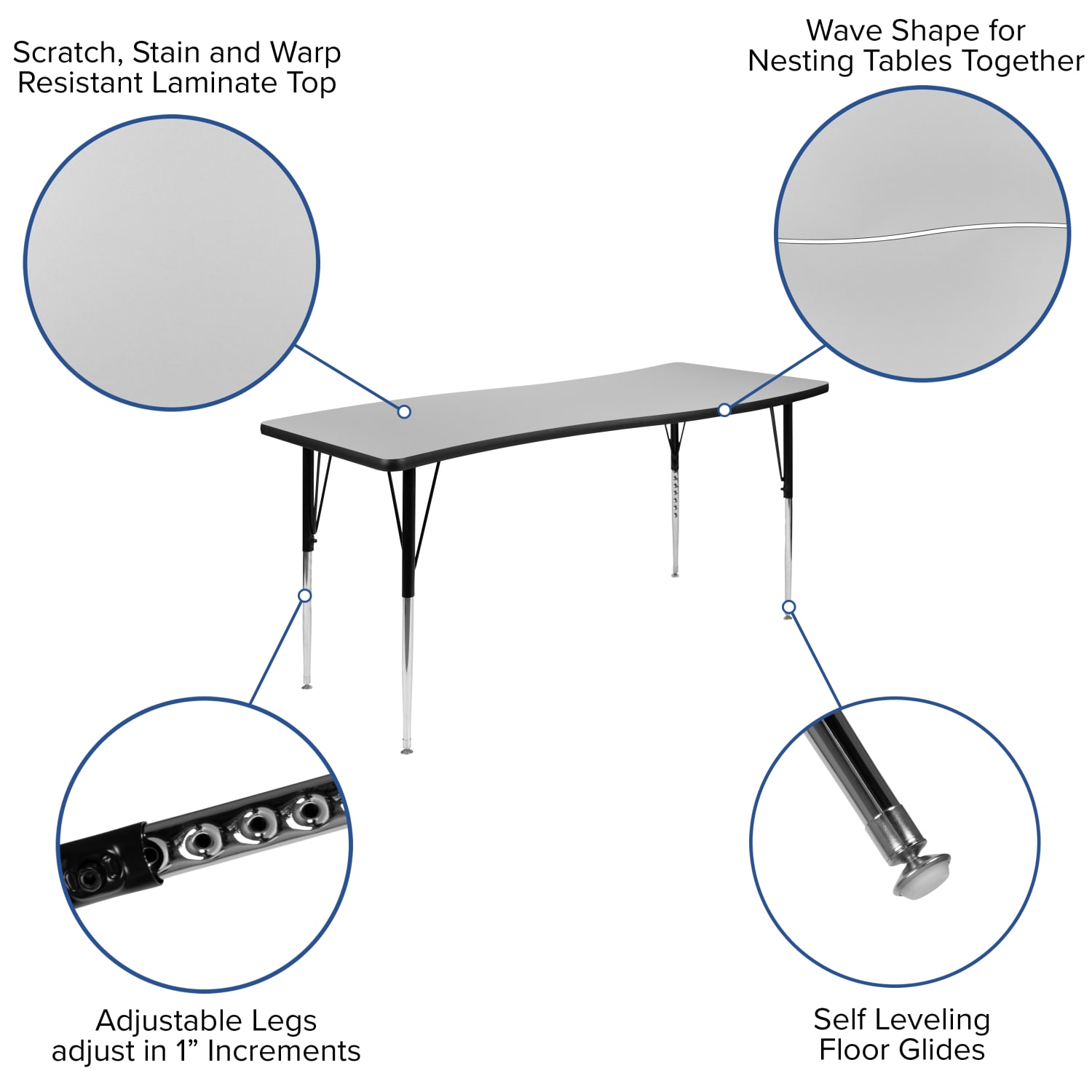 Flash Furniture Oval Wave Flexible Thermal Laminate 3-Piece Activity Table Set With Standard Height-Adjustable Legs, Gray - Image 6