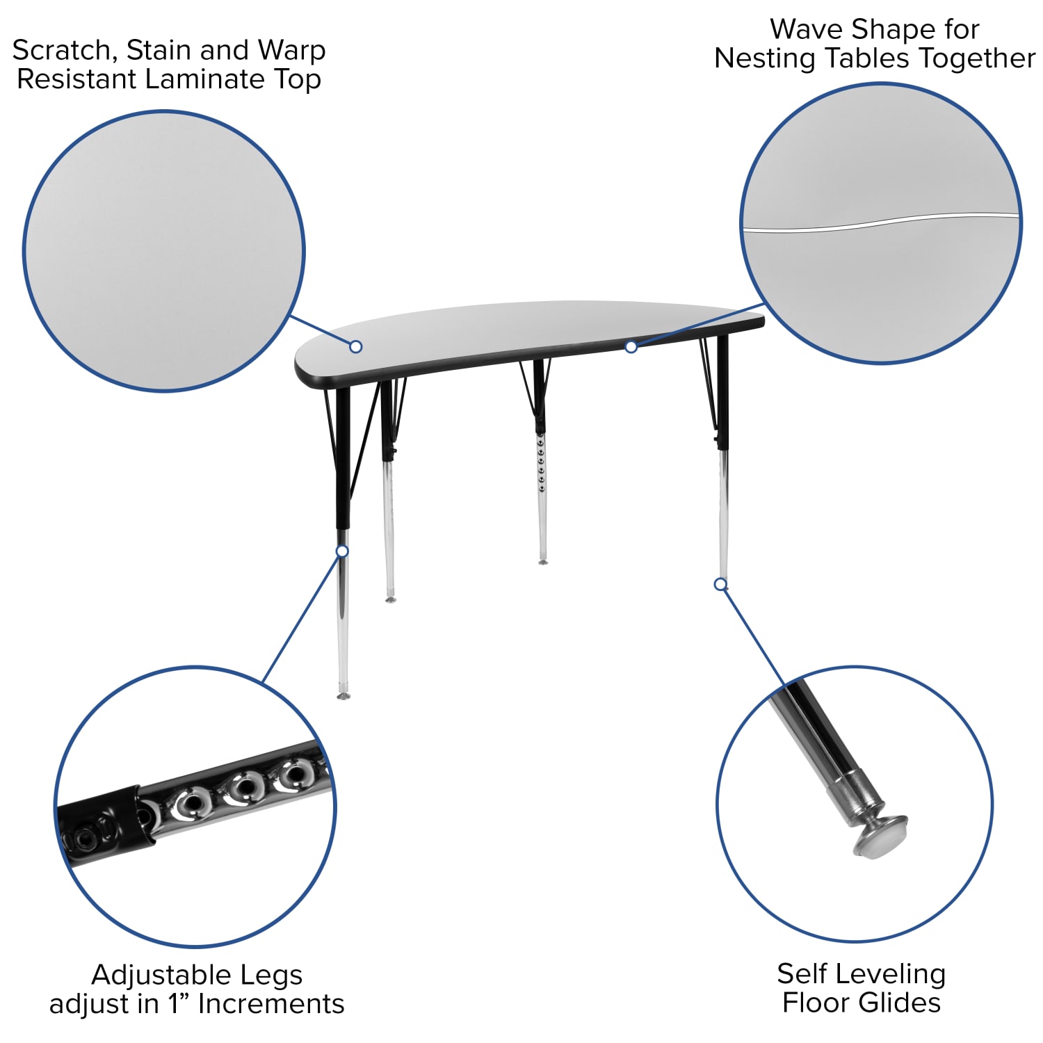 Flash Furniture Circle Wave Flexible Thermal Laminate 2-Piece Activity Table Set With Standard-Adjustable Legs, 30-1/4inH x 47-1/2inW x 24inD, Gray - Image 5