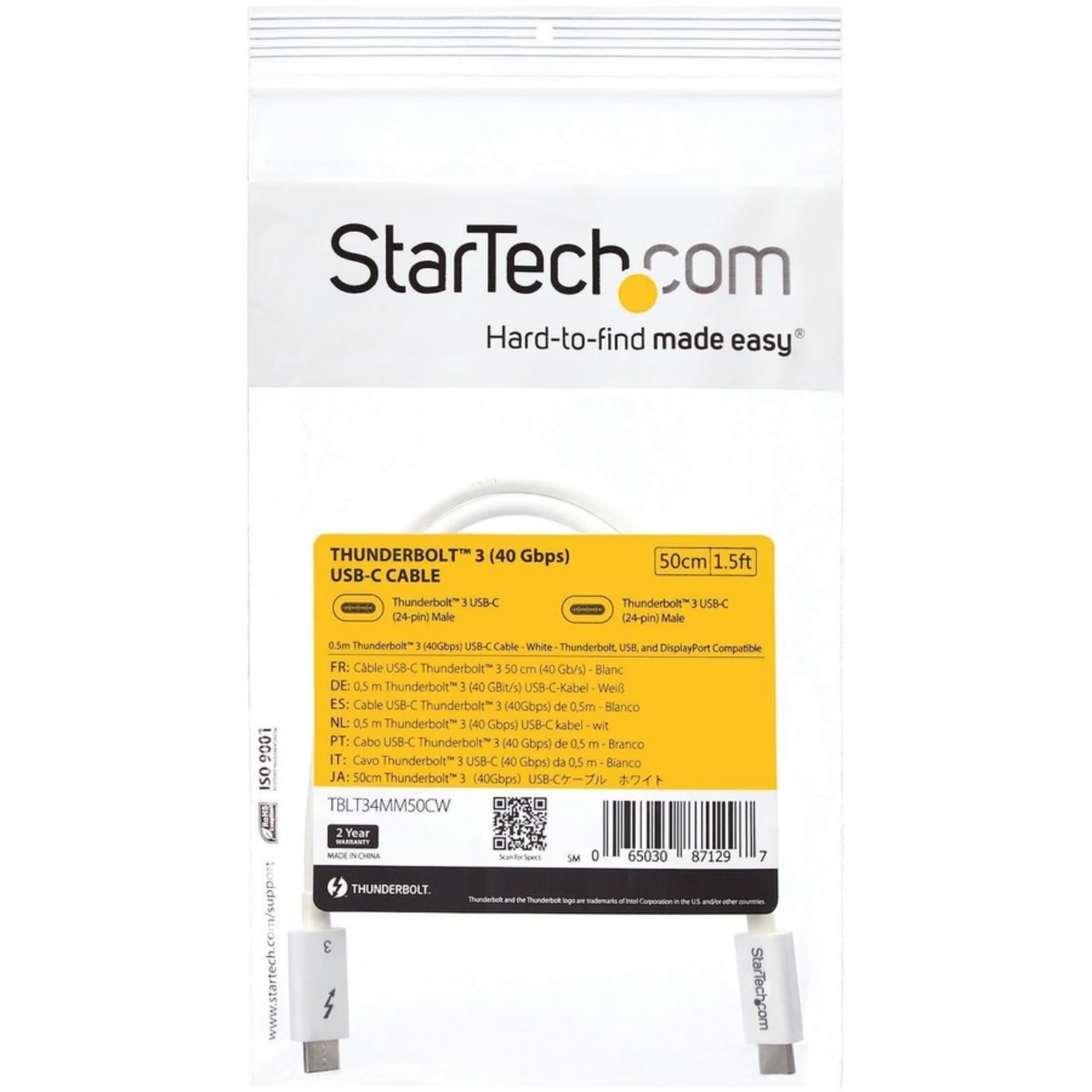StarTech.com 1.6ft (50cm) Thunderbolt 3 Cable, 40Gbps, 100W PD, 4K/5K Video, Thunderbolt-Certified, Compatible w/ TB4/USB 3.2/DisplayPort - Image 5