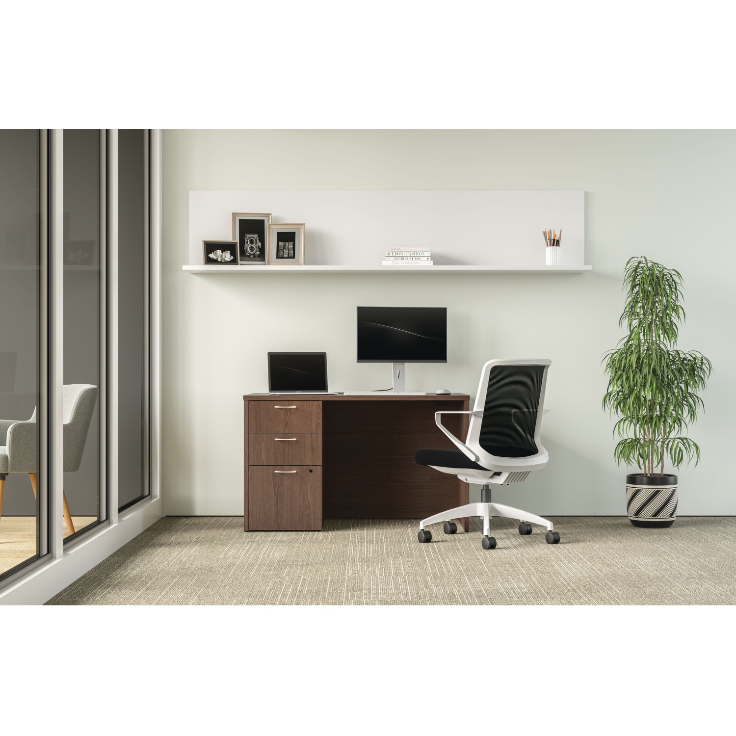 HON Mod 48inW Computer Desk With 3-Drawer Pedestal, Sepia Walnut