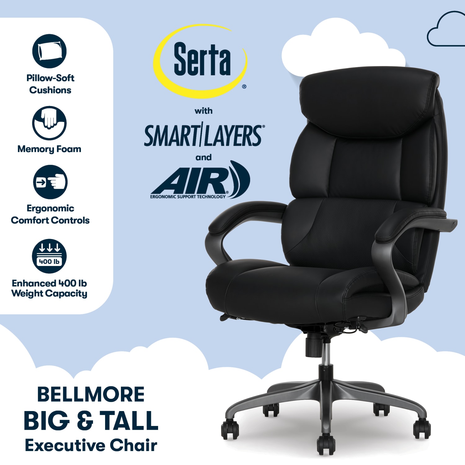 Serta SmartLayers Bellmore Big & Tall Ergonomic Executive Office Chair with Smooth Vegan Leather, Black/Dark Gray, BIFMA Compliant - Image 4