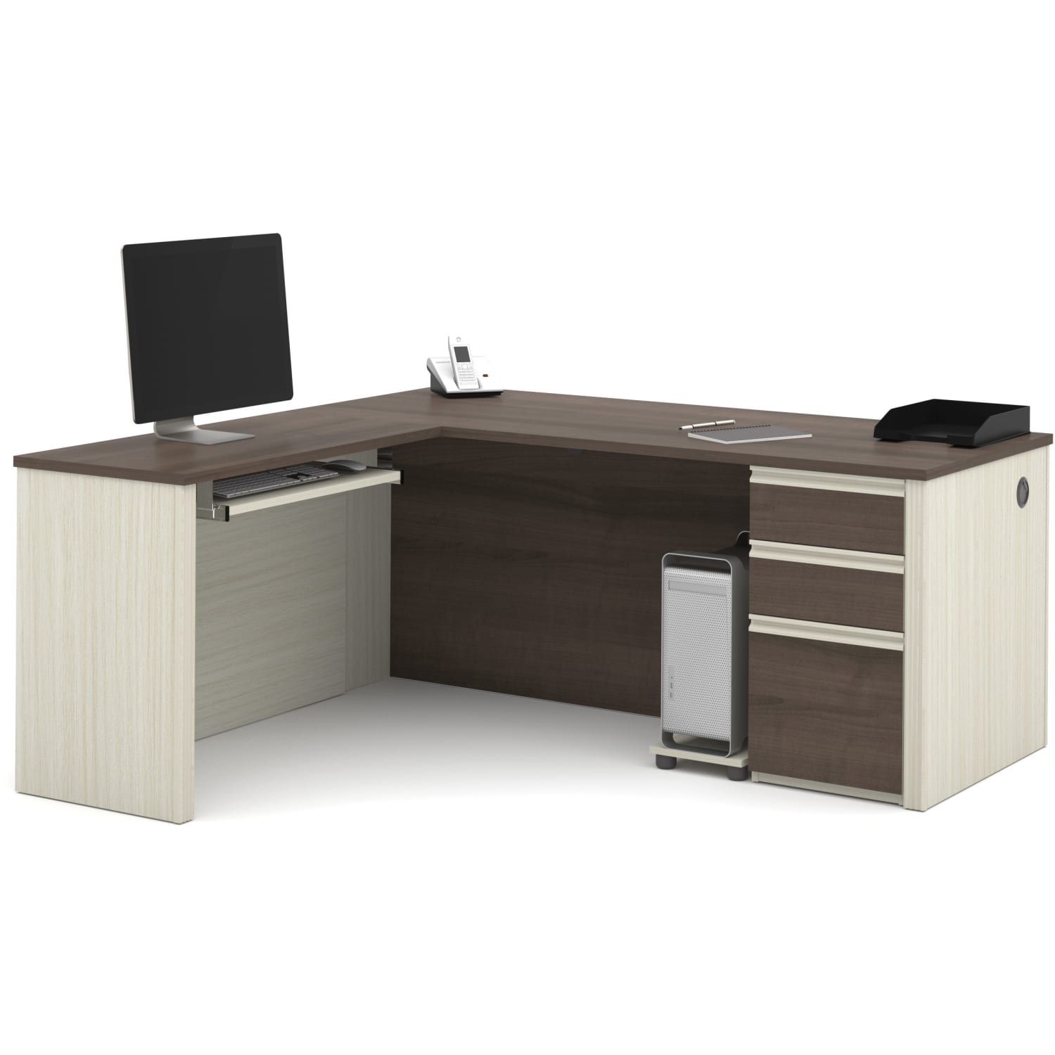Bestar Prestige + 72inW L-Shaped Corner Desk With Pedestal, White Chocolate/Antigua - Image 3