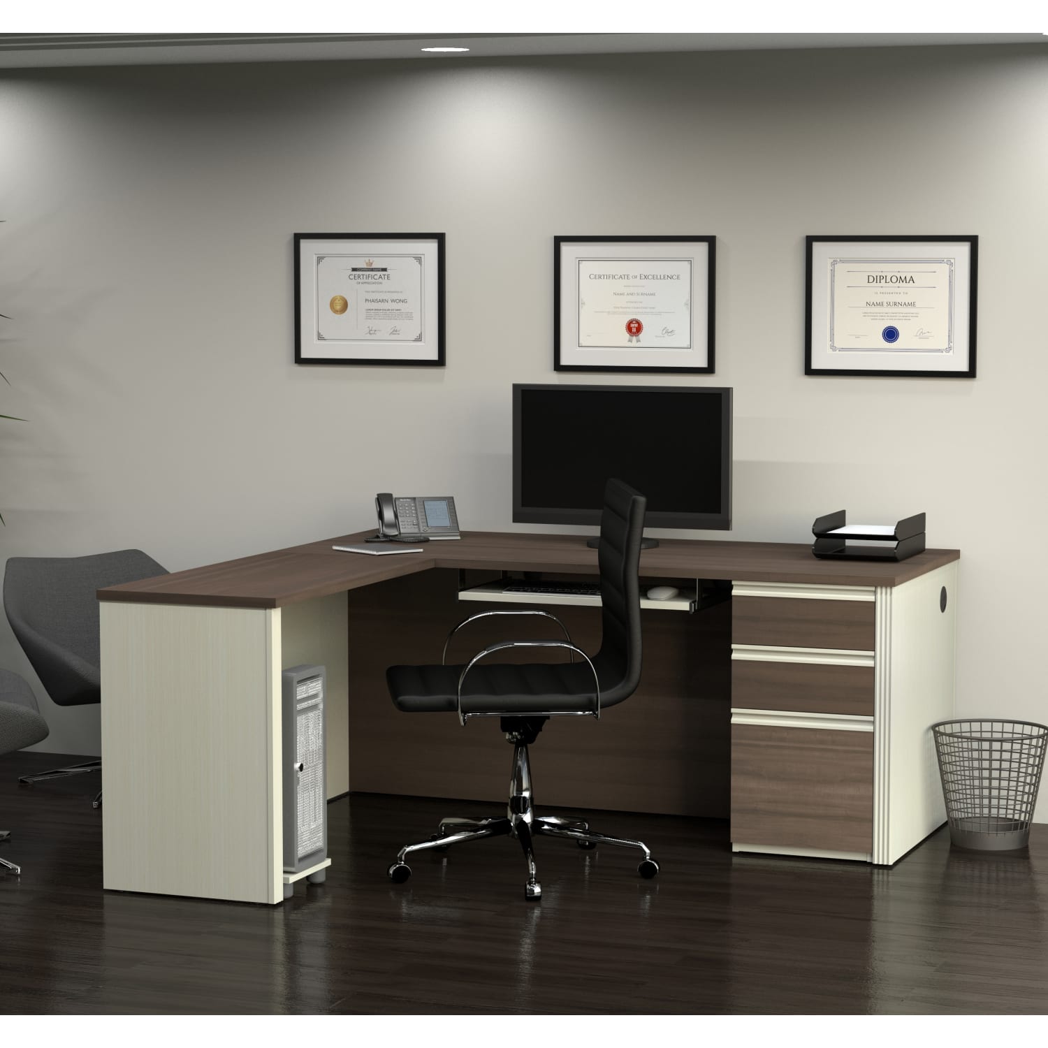 Bestar Prestige + 72inW L-Shaped Corner Desk With Pedestal, White Chocolate/Antigua - Image 5