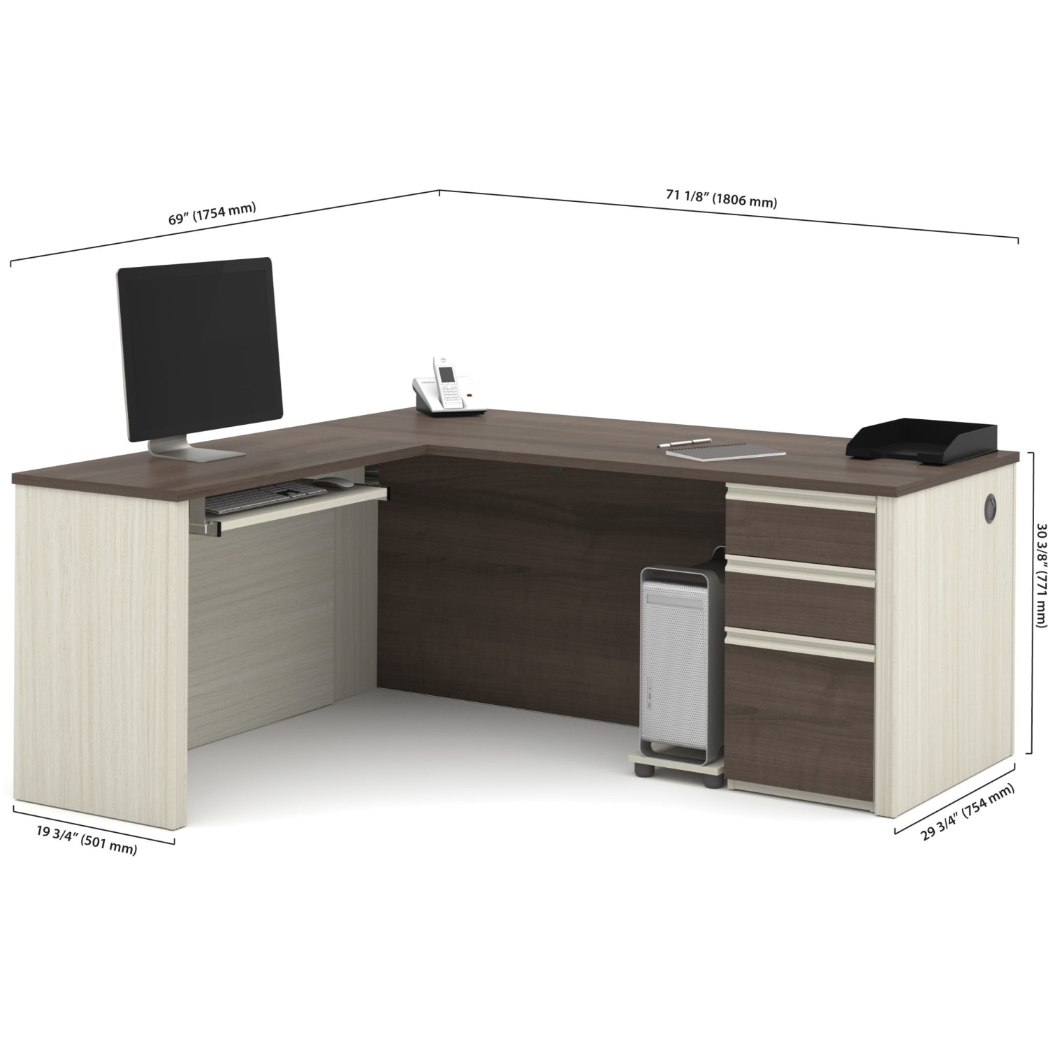 Bestar Prestige + 72inW L-Shaped Corner Desk With Pedestal, White Chocolate/Antigua - Image 6