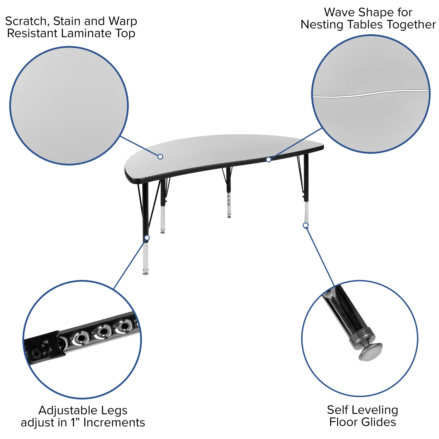 Flash Furniture Circle Wave Flexible Thermal Laminate 2-Piece Activity Table Set With Height-Adjustable Short Legs, 25-1/4inH x 47-1/2inW x 24inD, Gray - Image 5