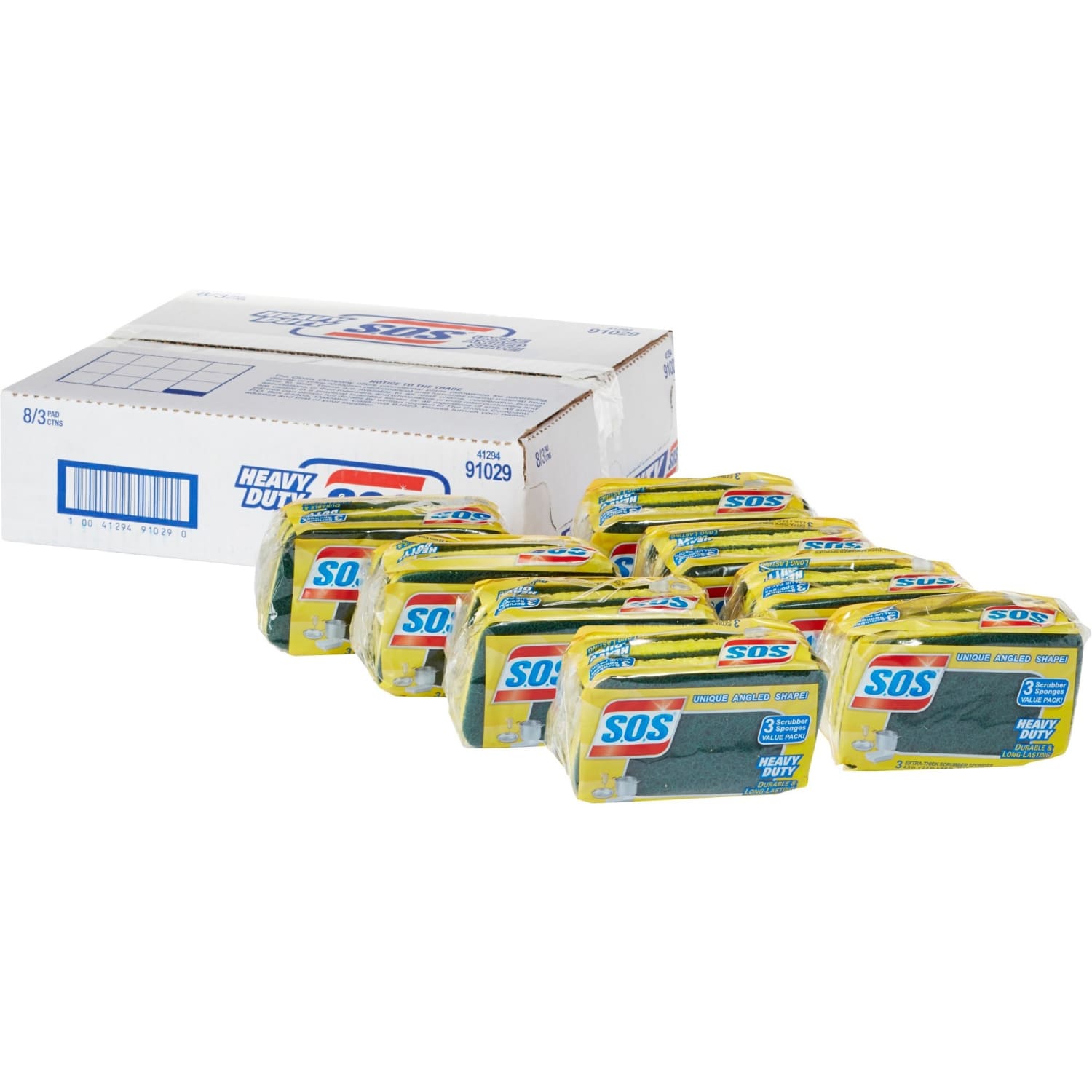 S.O.S Heavy Duty Scrubber Sponge  4.5in Height x 2.5in Width x 900 mil Thickness  8/Carton  Scrim  Yellow, Green