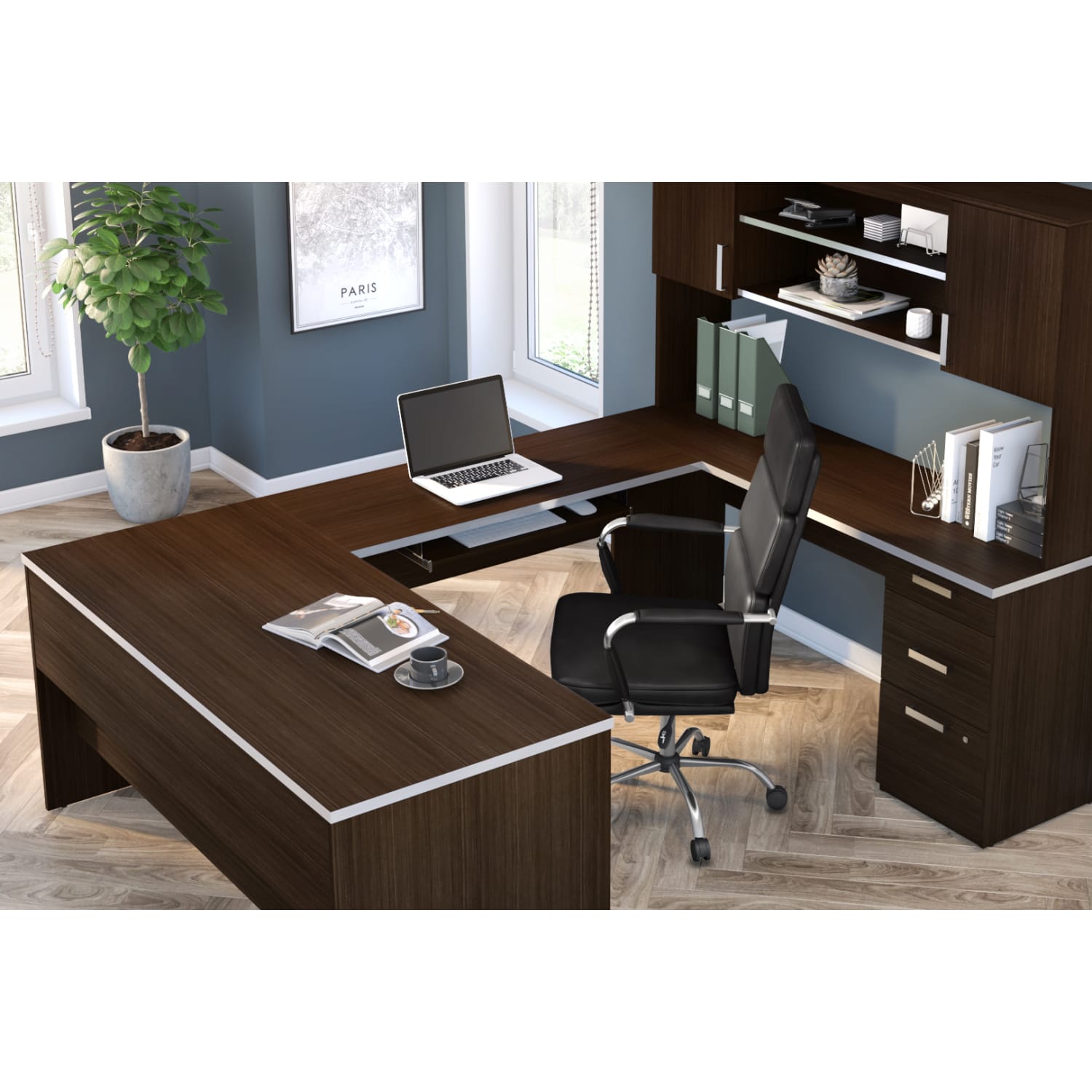 Bestar Ridgeley 65inW U-Shaped Executive Computer Desk With Pedestal And Hutch, Dark Chocolate - Image 3