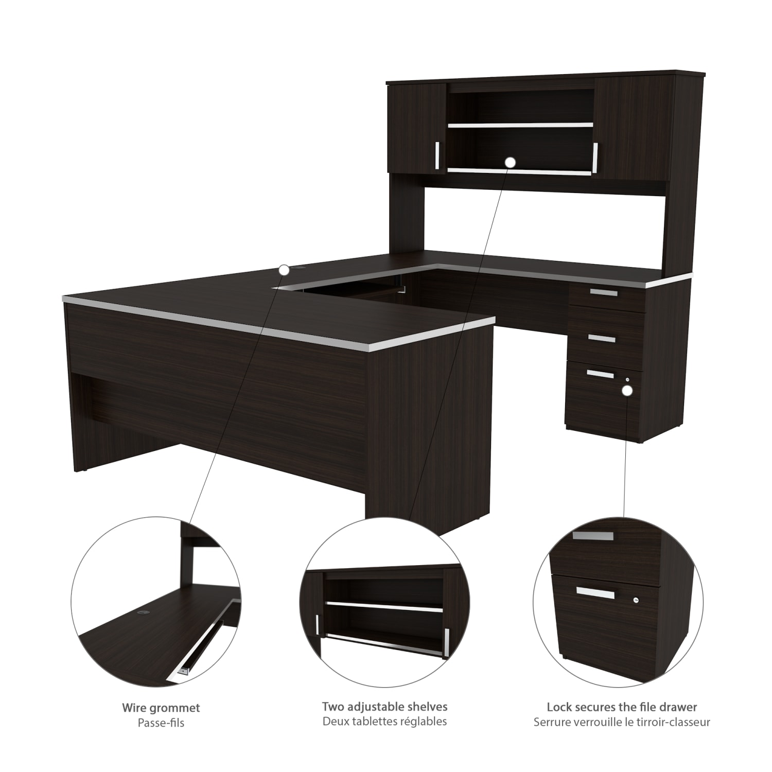 Bestar Ridgeley 65inW U-Shaped Executive Computer Desk With Pedestal And Hutch, Dark Chocolate - Image 6