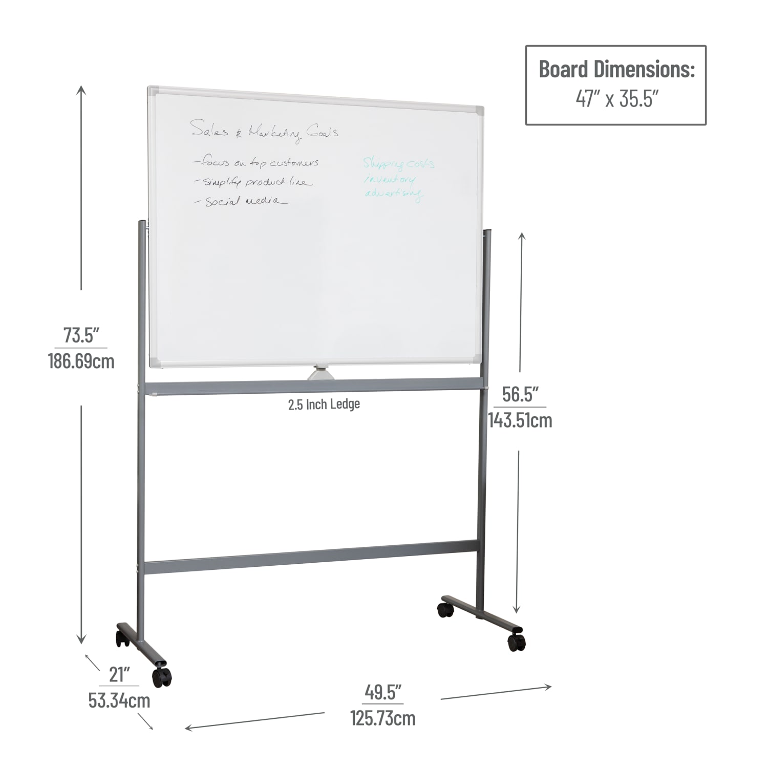Mind Reader Magnetic Double-Sided Dry-Erase White Board with Base and Wheels, 73-1/2inH x 21inW x 49-1/2inH, White - Image 3
