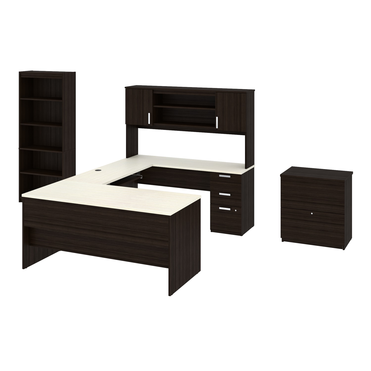 Bestar Ridgeley U-Shaped Desk With Hutch, Lateral File Cabinet And Bookcase, White Chocolate - Image 3